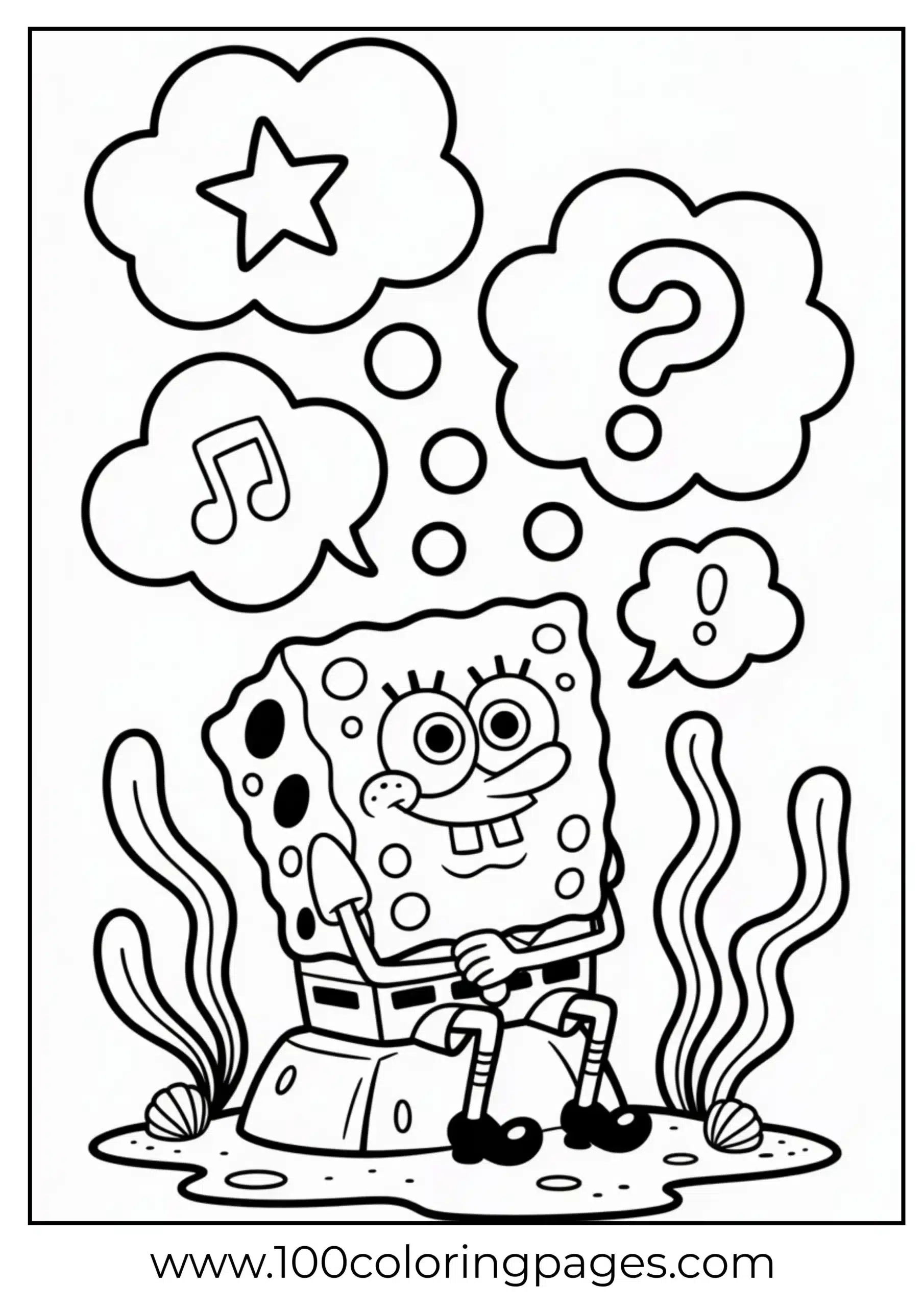 SpongeBob with thought bubbles above head as coloring page