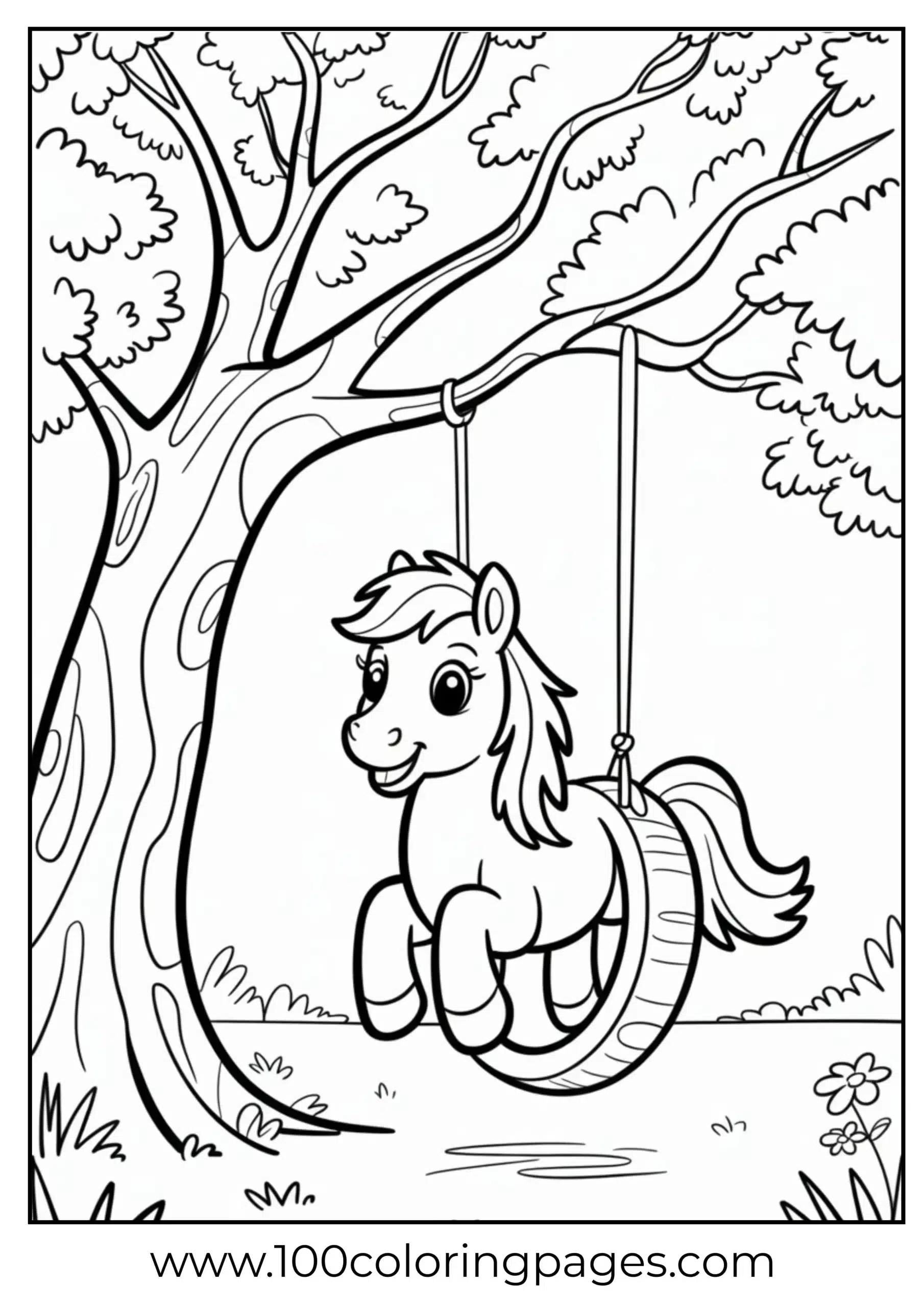 Pony swinging on tire swing from tree