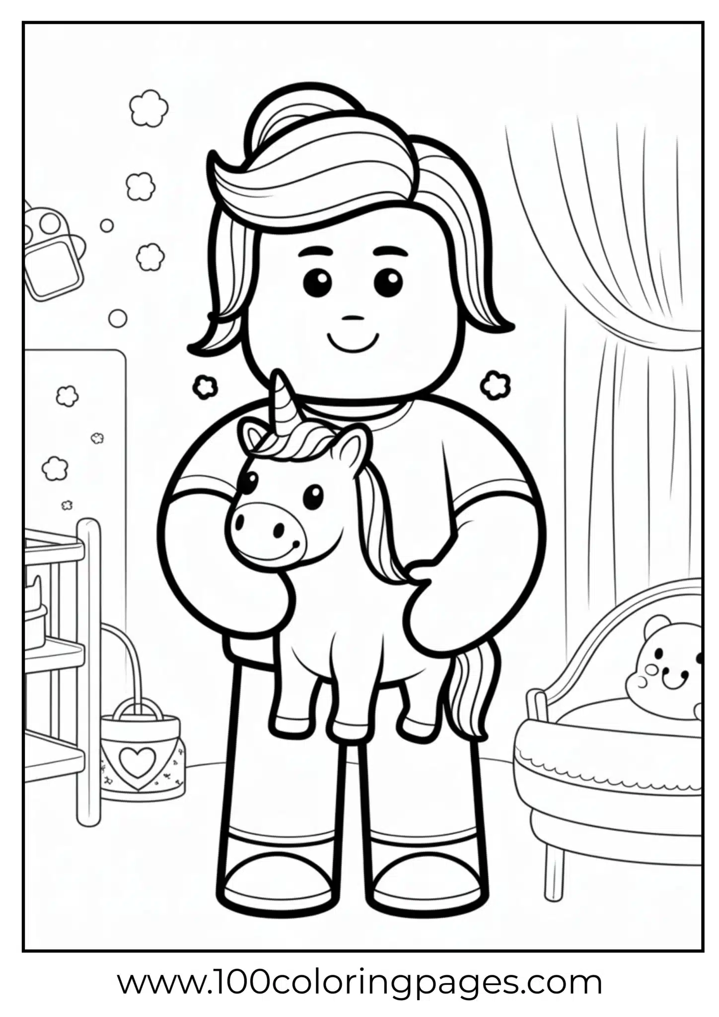 Toddler holding a plush unicorn in a playful room
