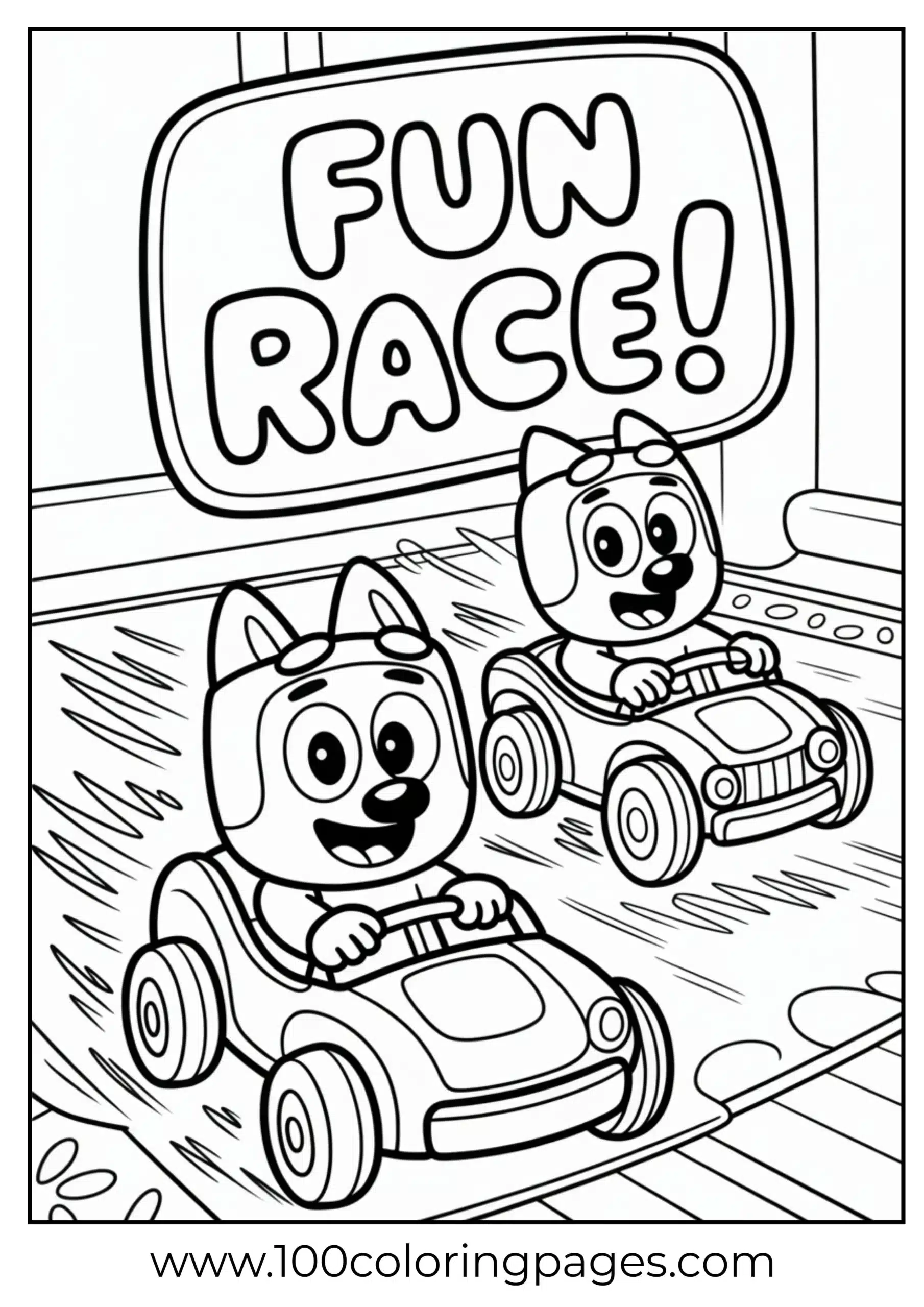 Bluey and Bingo racing toy cars coloring page