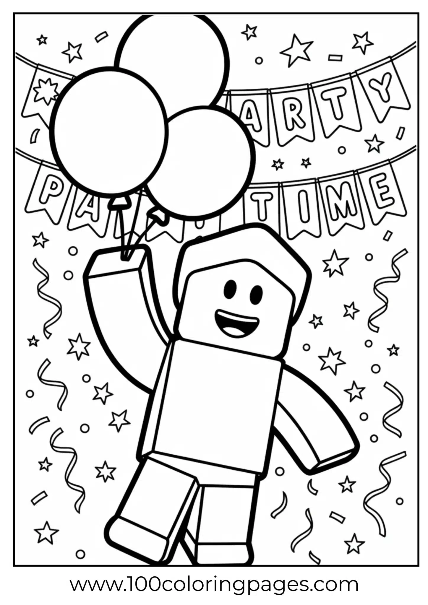 Toy figure holding balloons with 'Party Time' banners
