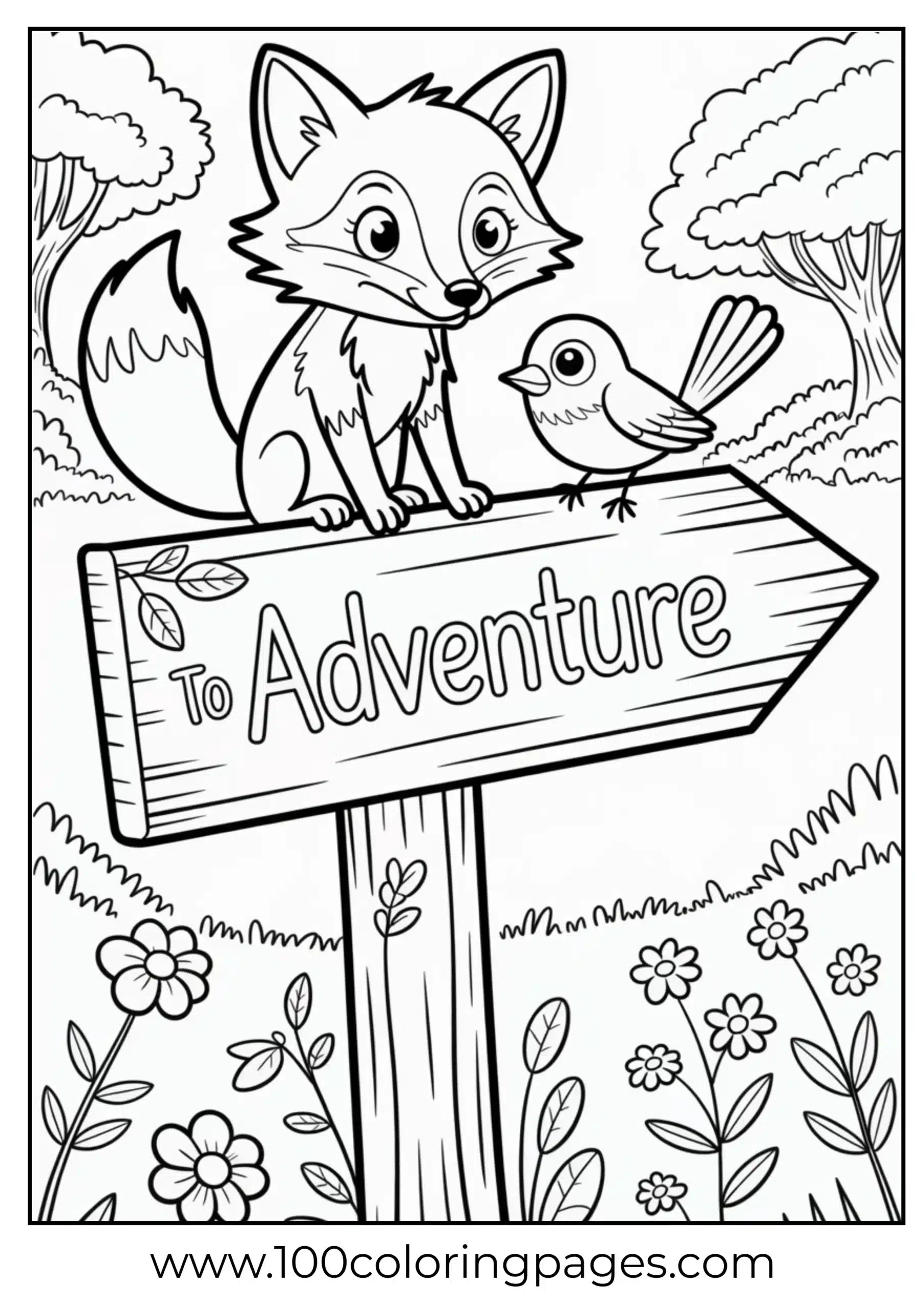 Fox and bird on trail signpost