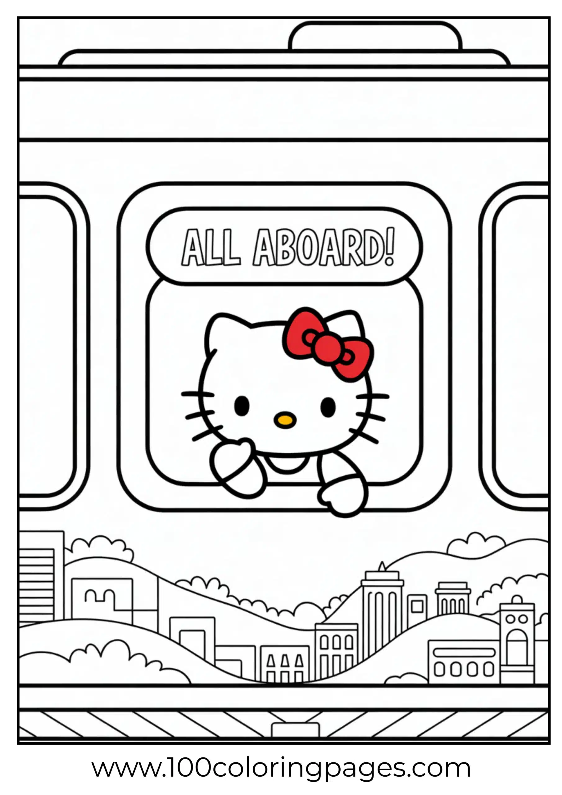 Hello Kitty riding a train coloring page