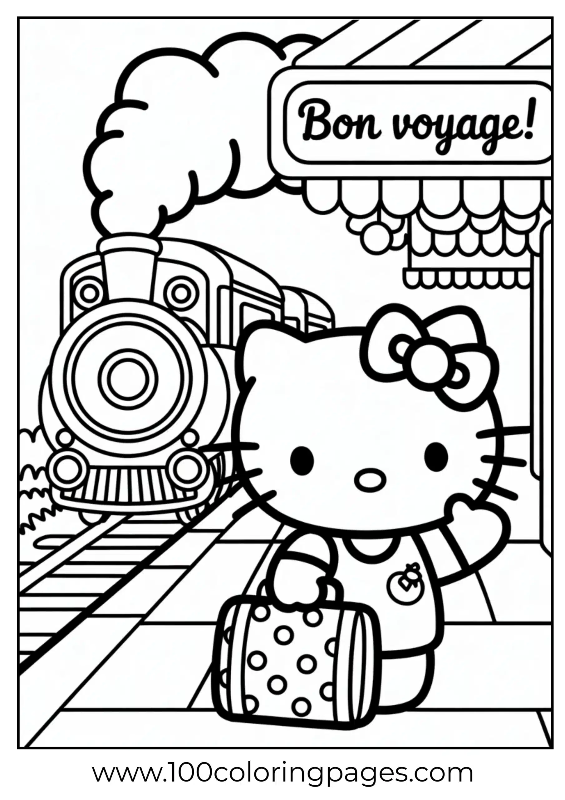 Hello Kitty waving at train station coloring page