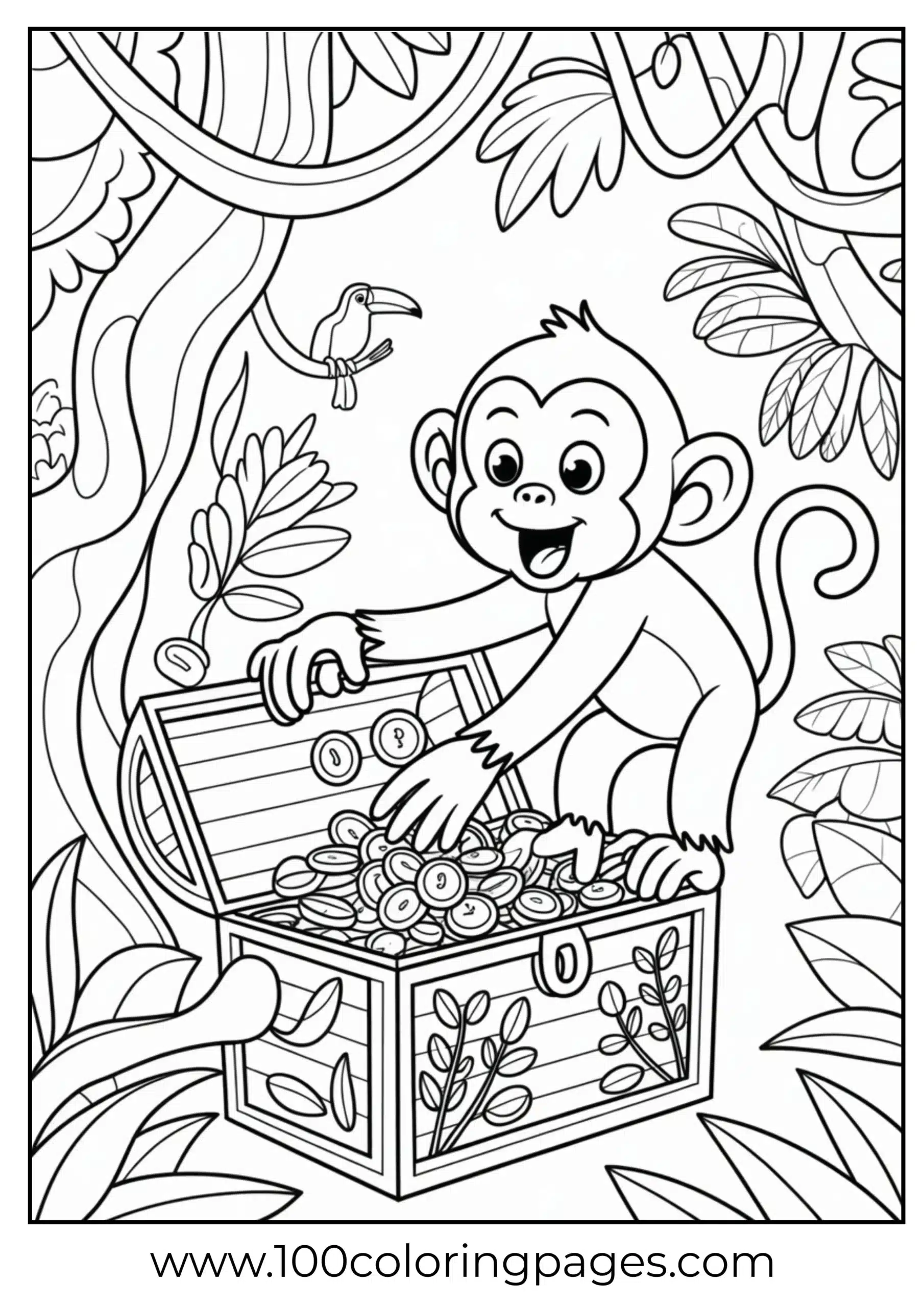 Monkey discovering banana treasure coloring page