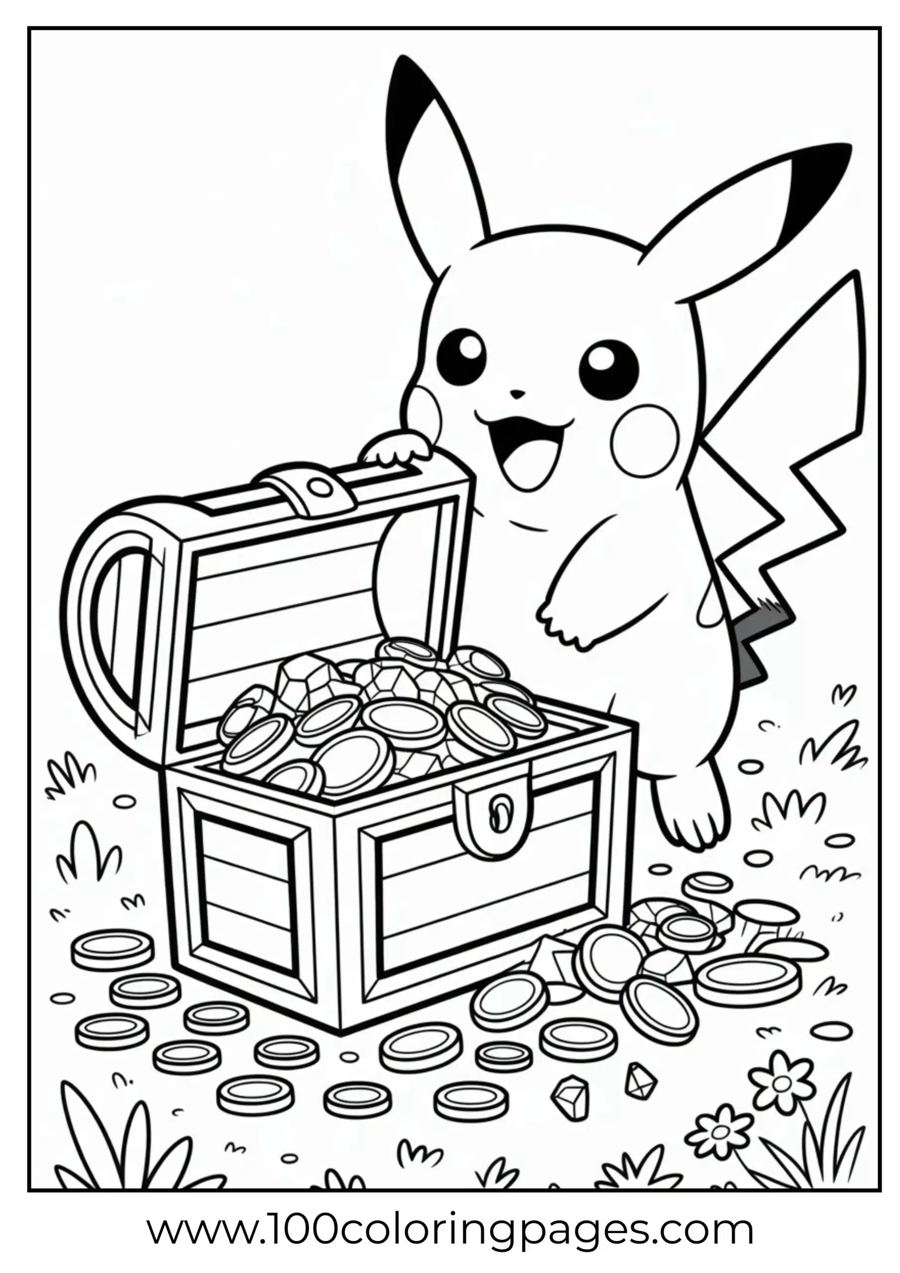 Pikachu guarding open treasure chest