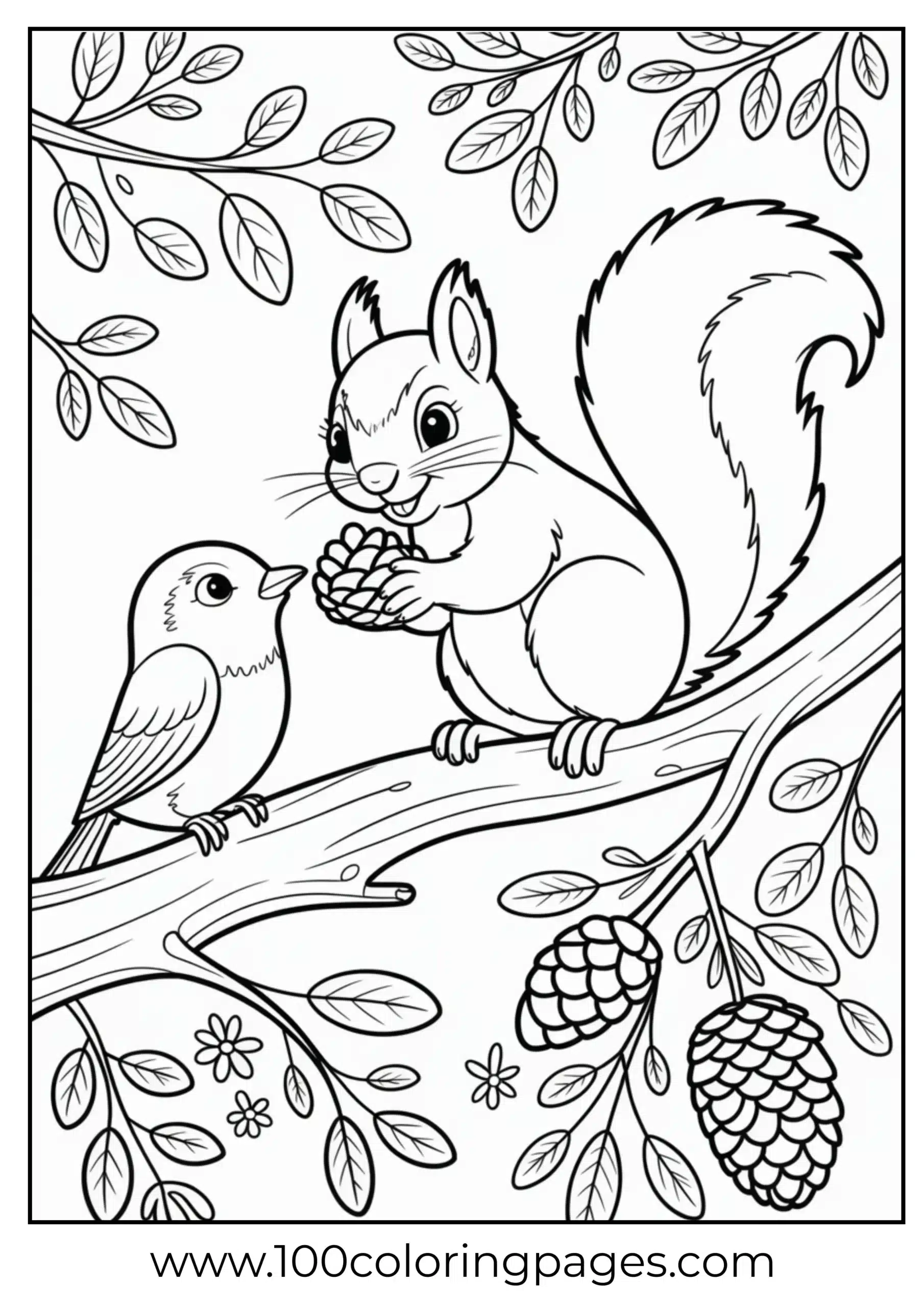 Squirrel and bird sharing snack coloring page