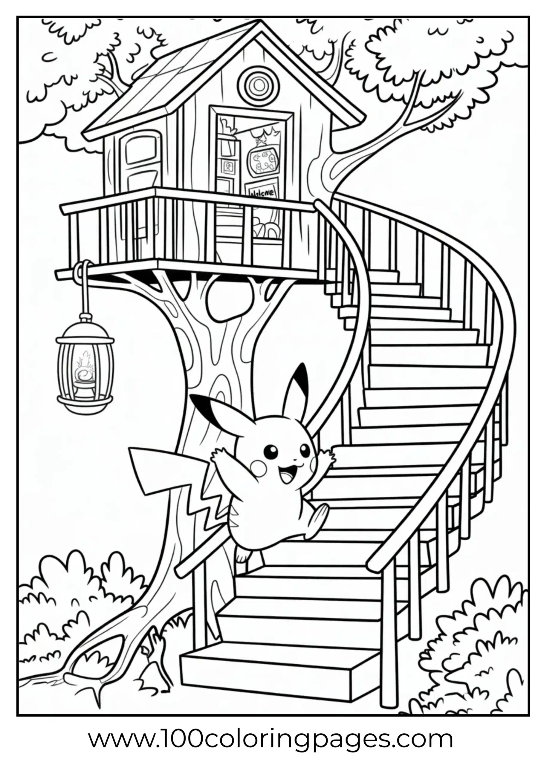 Pikachu walking up to treehouse with lantern