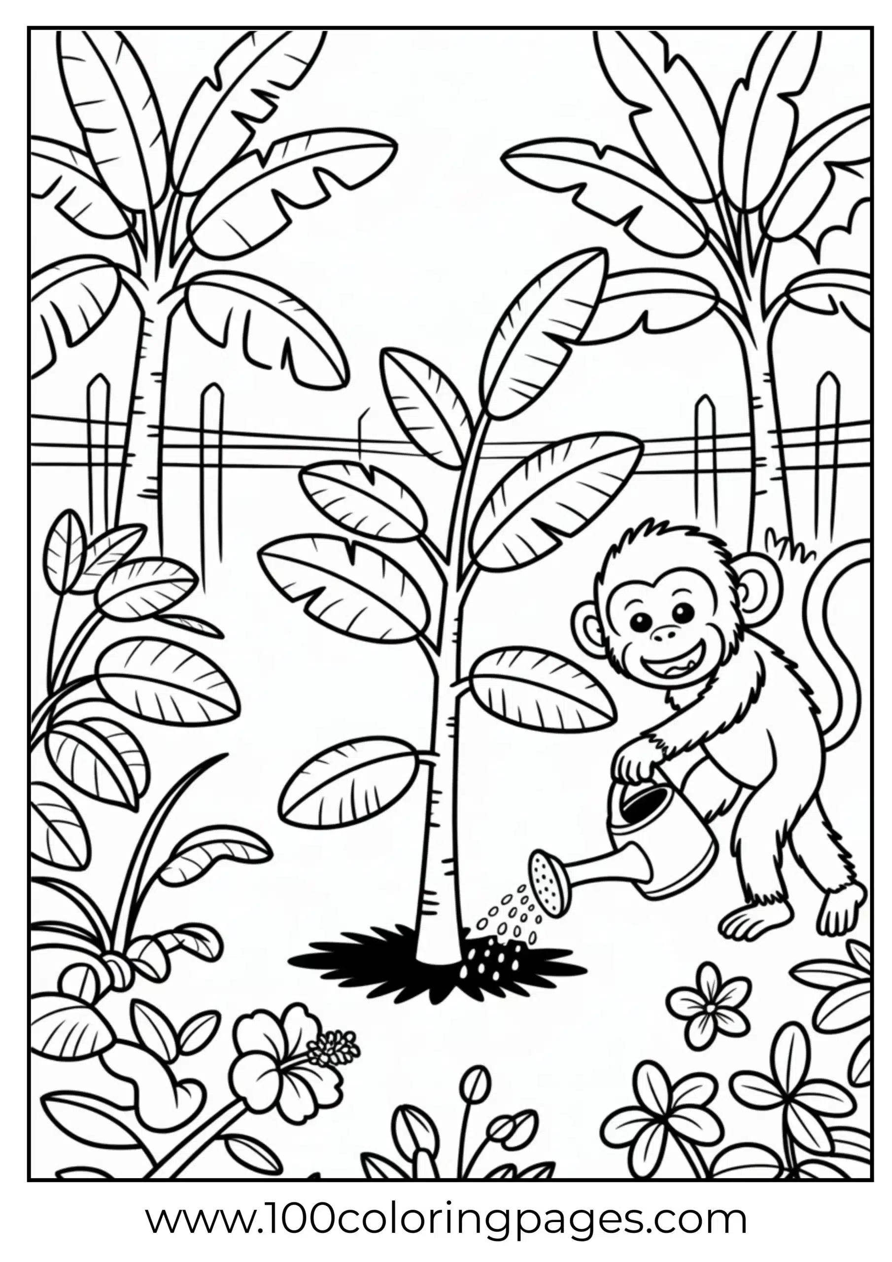 Monkey planting banana tree coloring page
