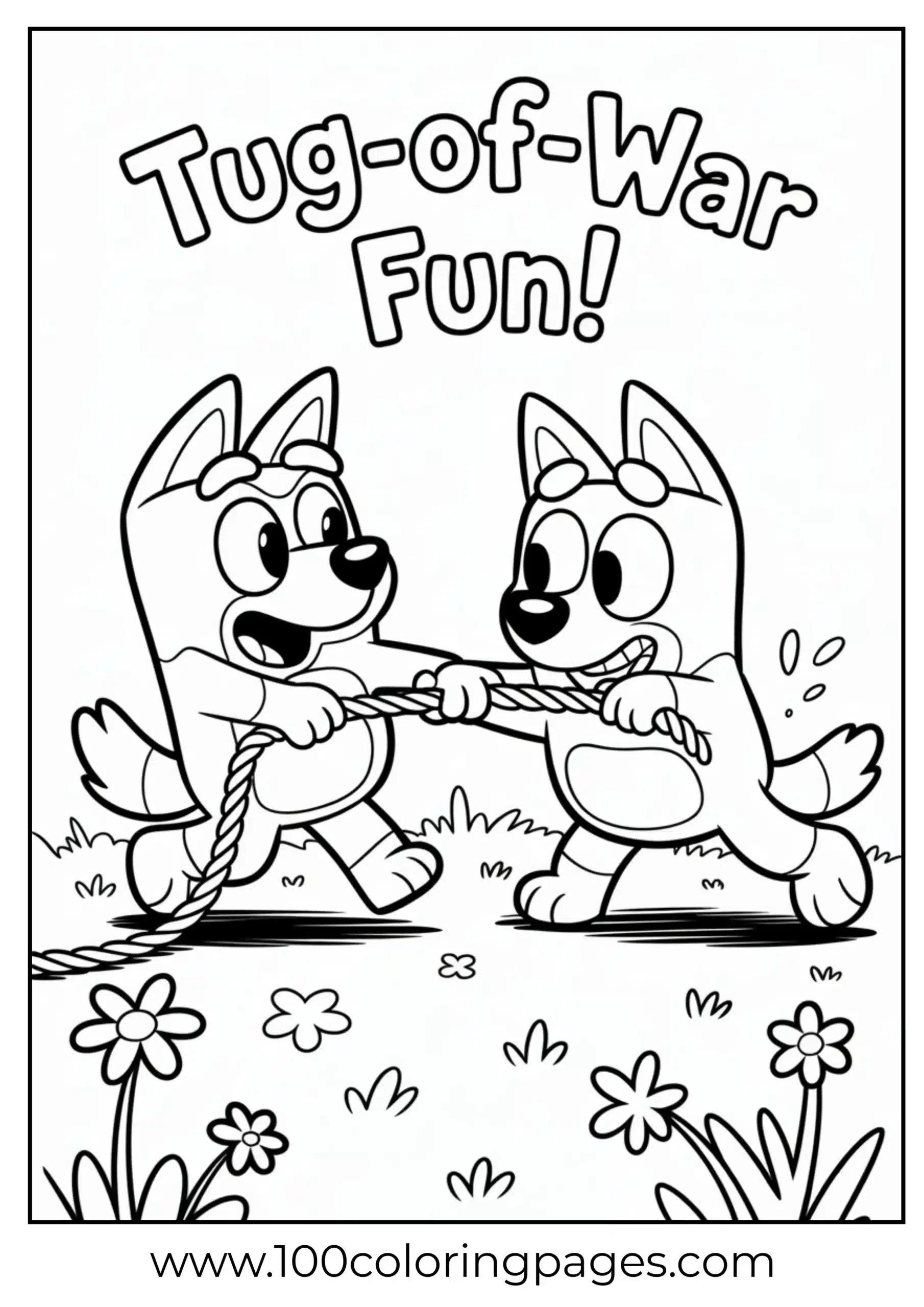 Bluey and Bingo playing tug of war coloring page