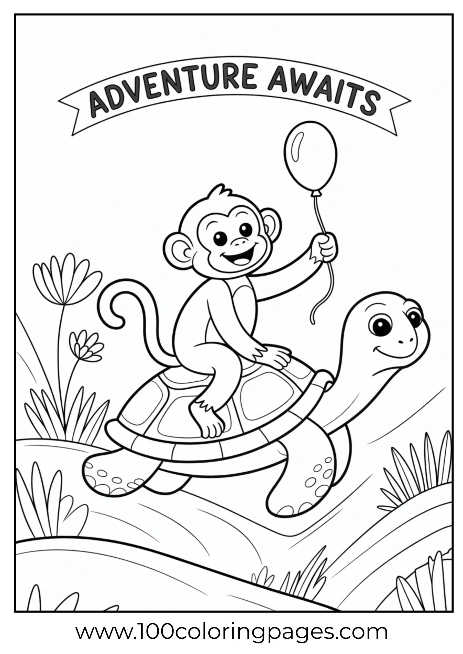 Monkey riding turtle coloring page