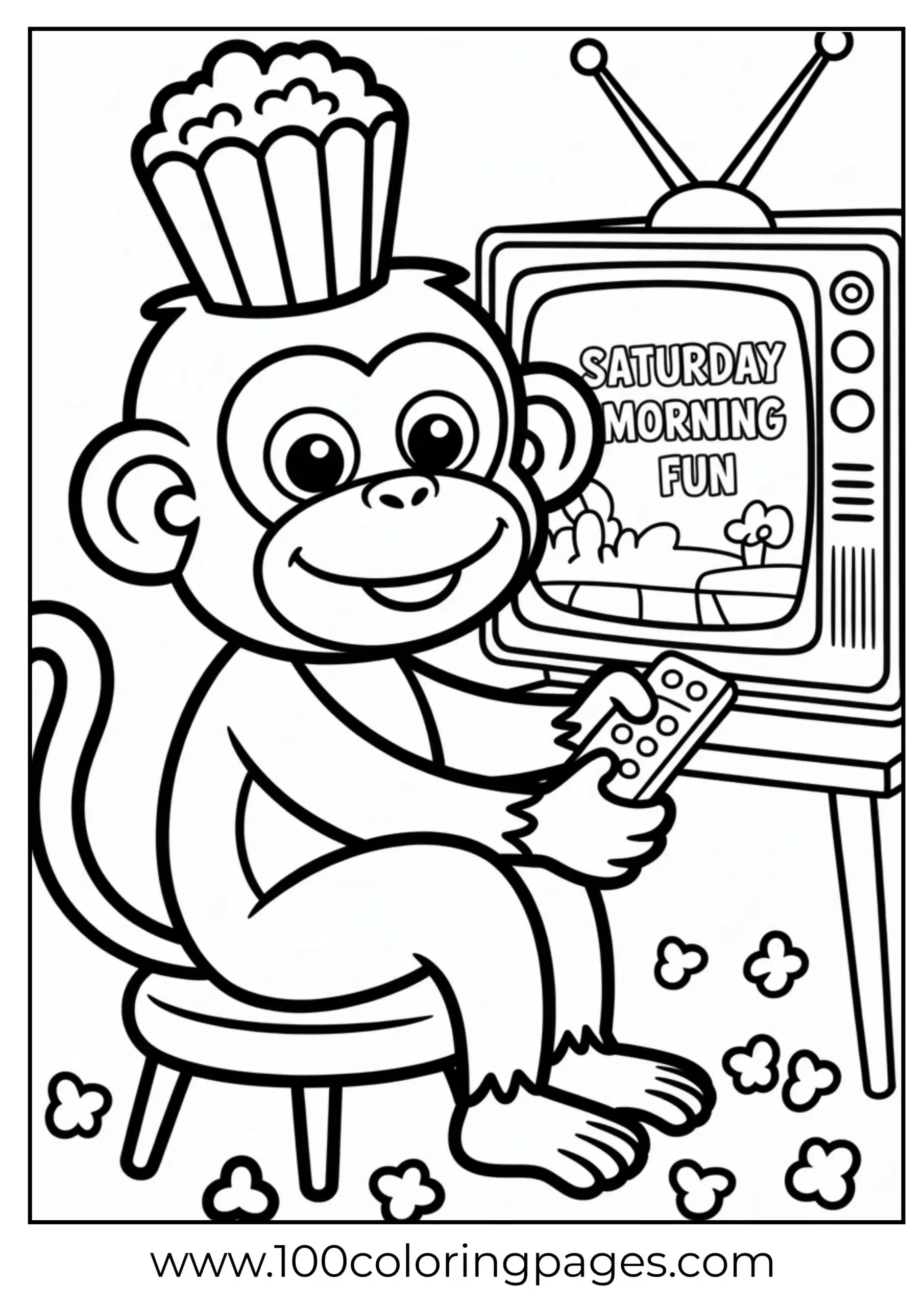 Monkey watching TV with popcorn hat coloring page