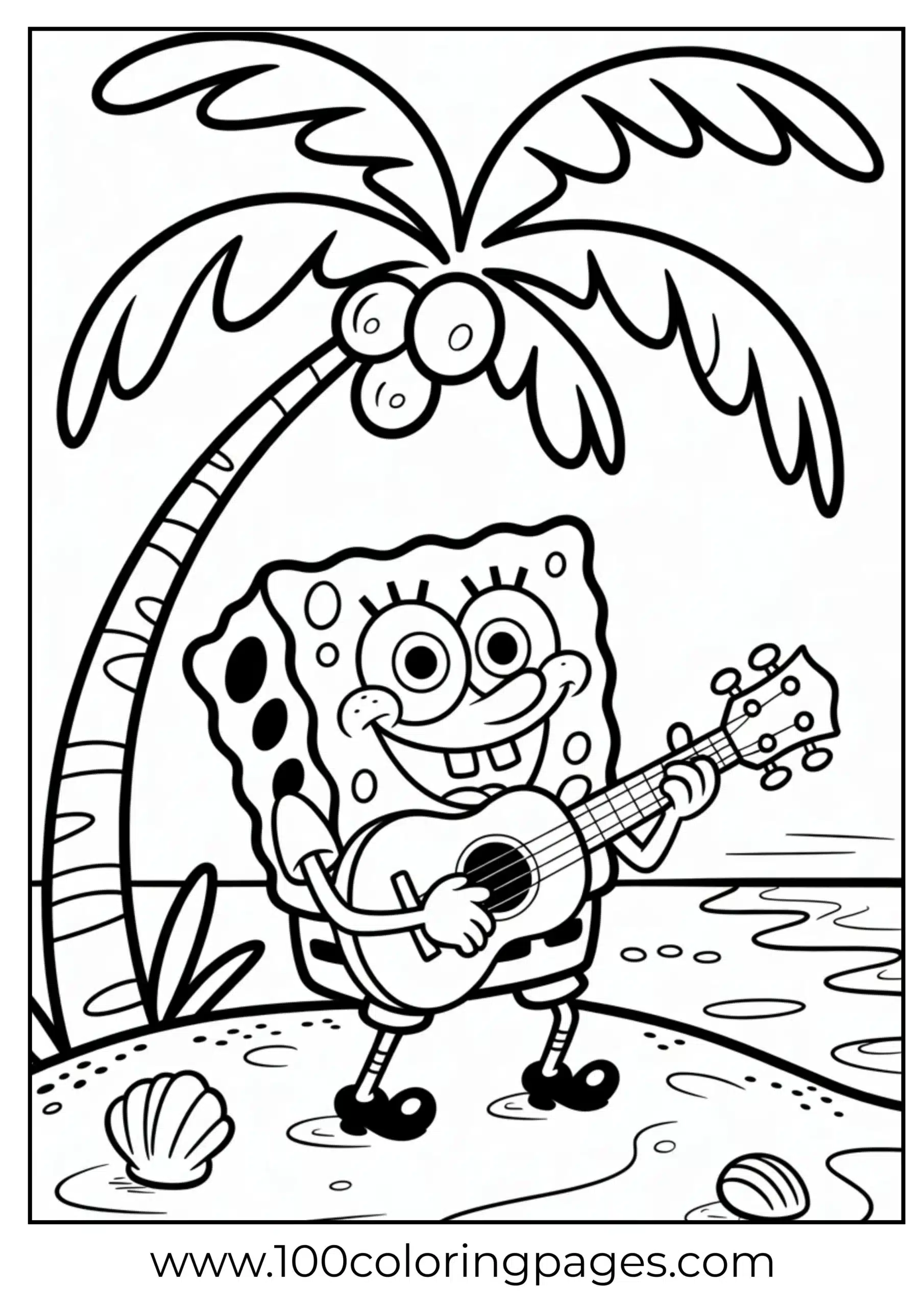 SpongeBob strumming ukulele under palm as coloring page