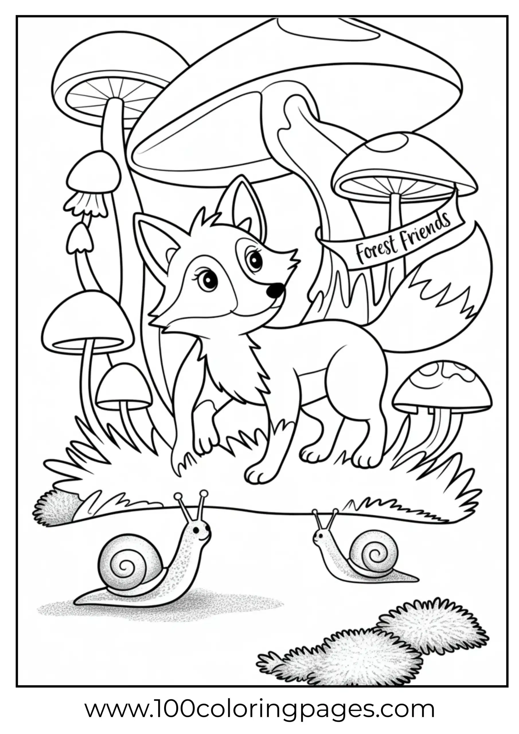 Fox under giant mushrooms with snails