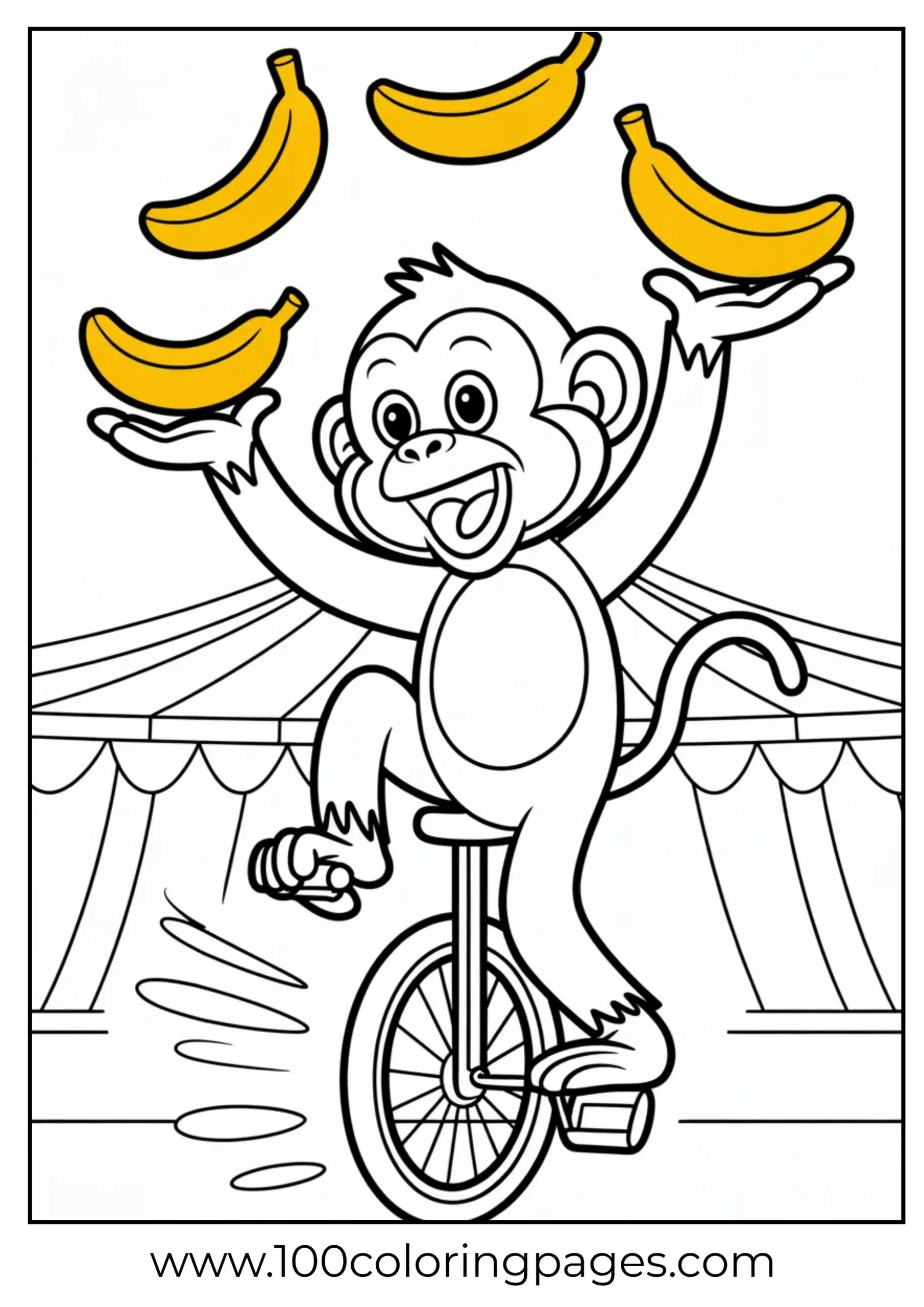 Monkey juggling bananas on unicycle coloring page