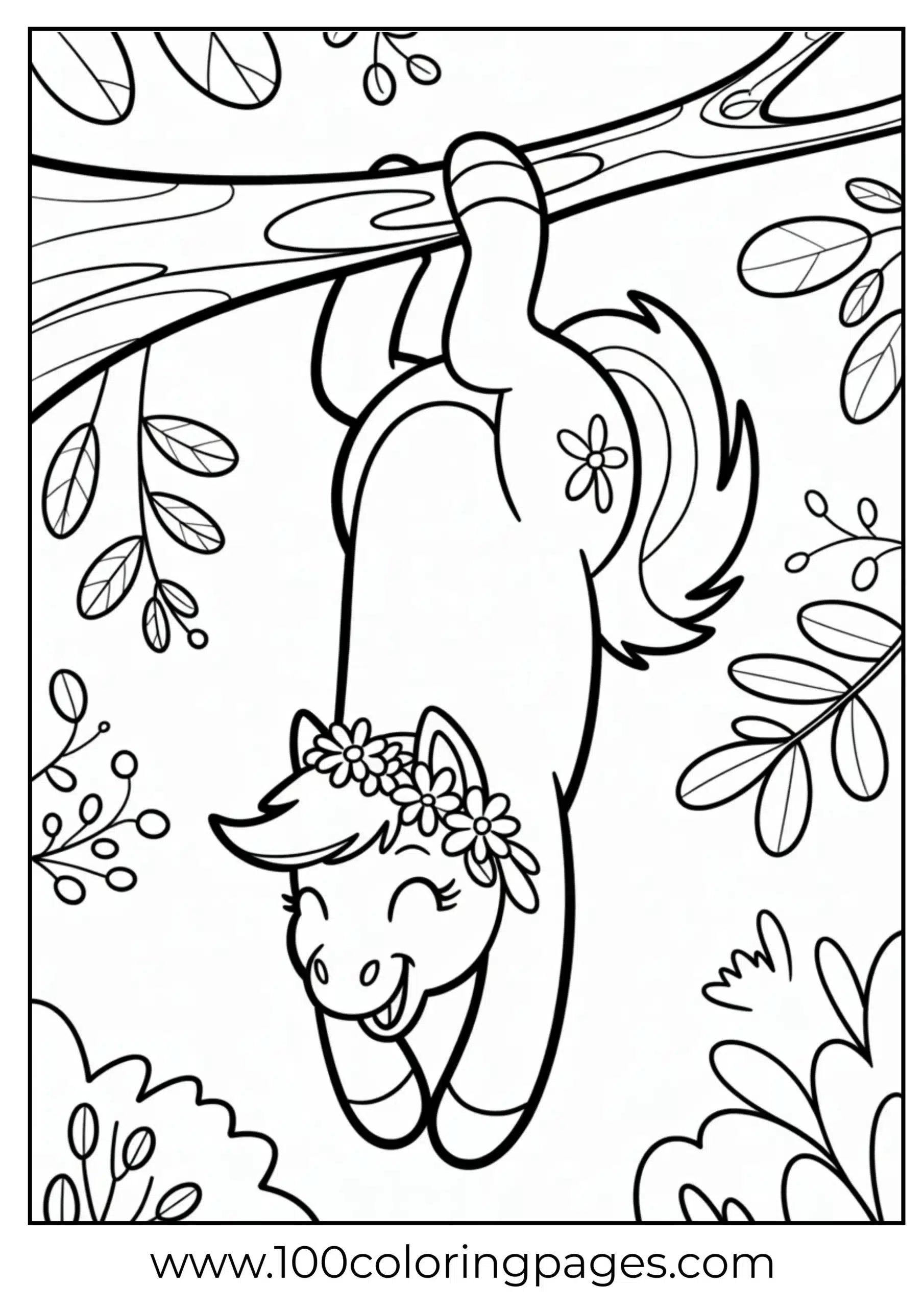 Pony hanging from tree upside down