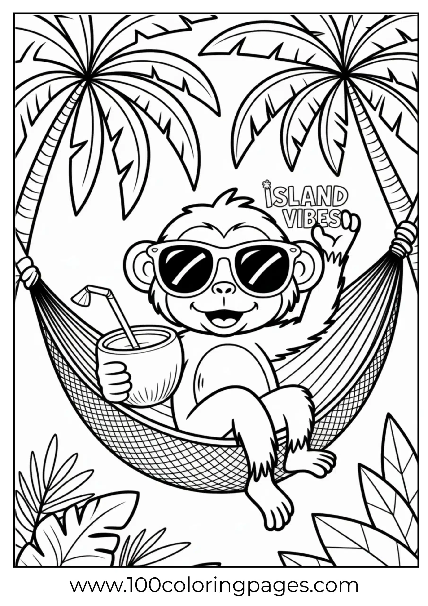 Monkey relaxing in hammock with drink coloring page