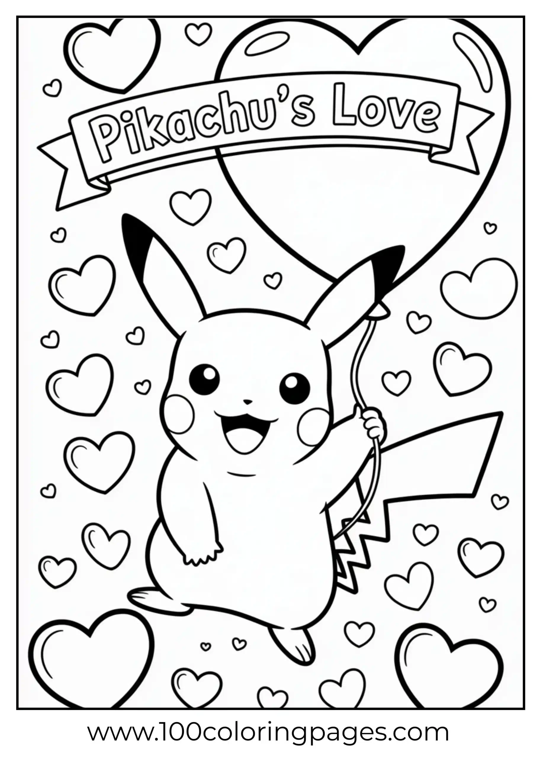 Pikachu holding heart balloon surrounded by hearts