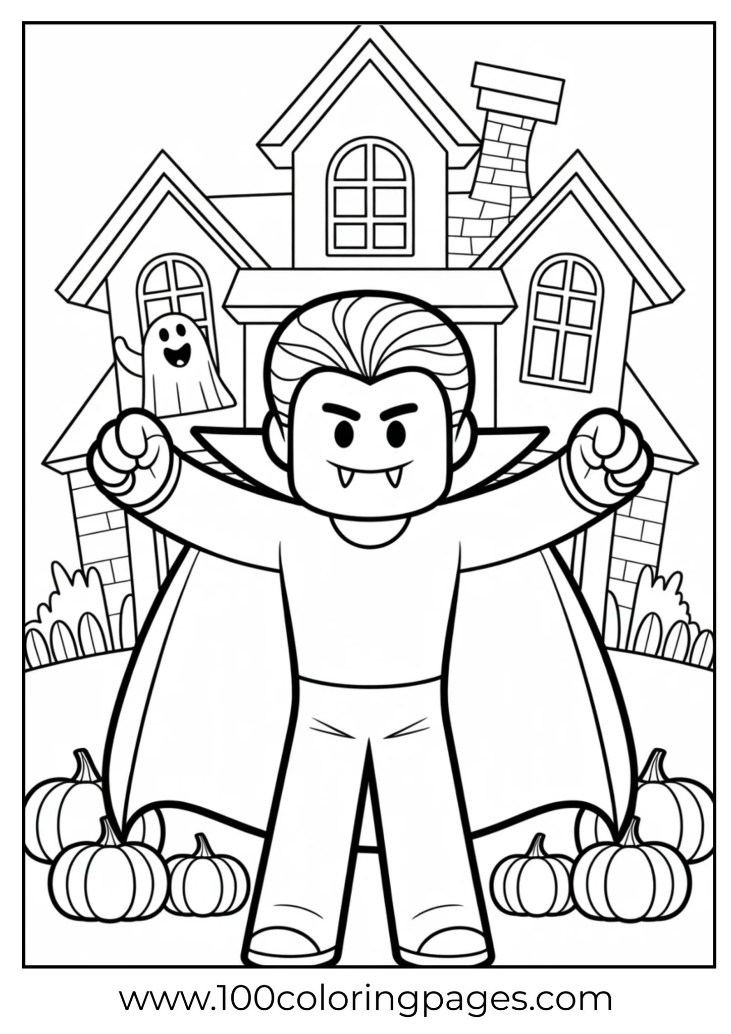 Vampire with cape in front of haunted house and pumpkins