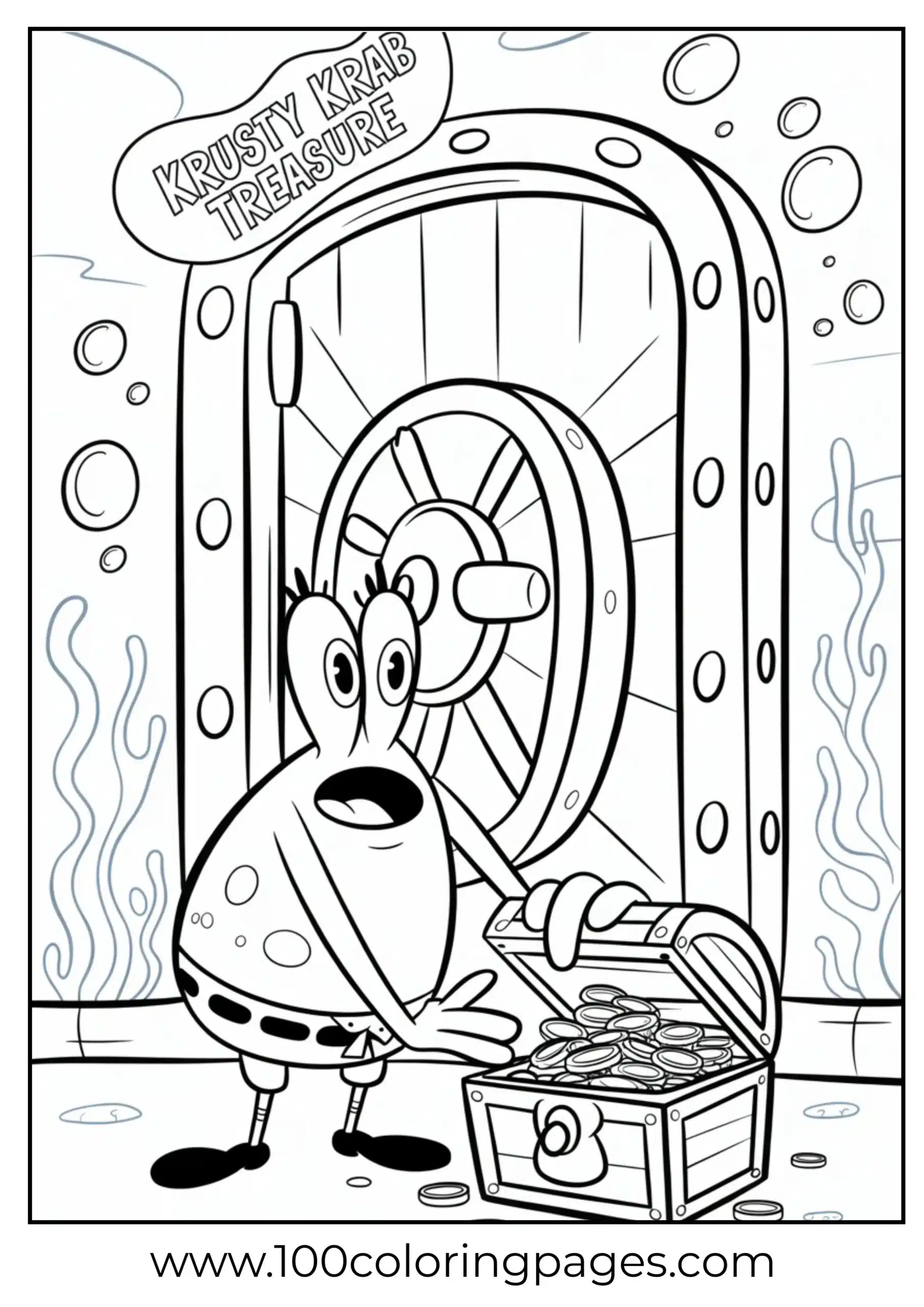 Mr. Krabs in front of large locked vault door