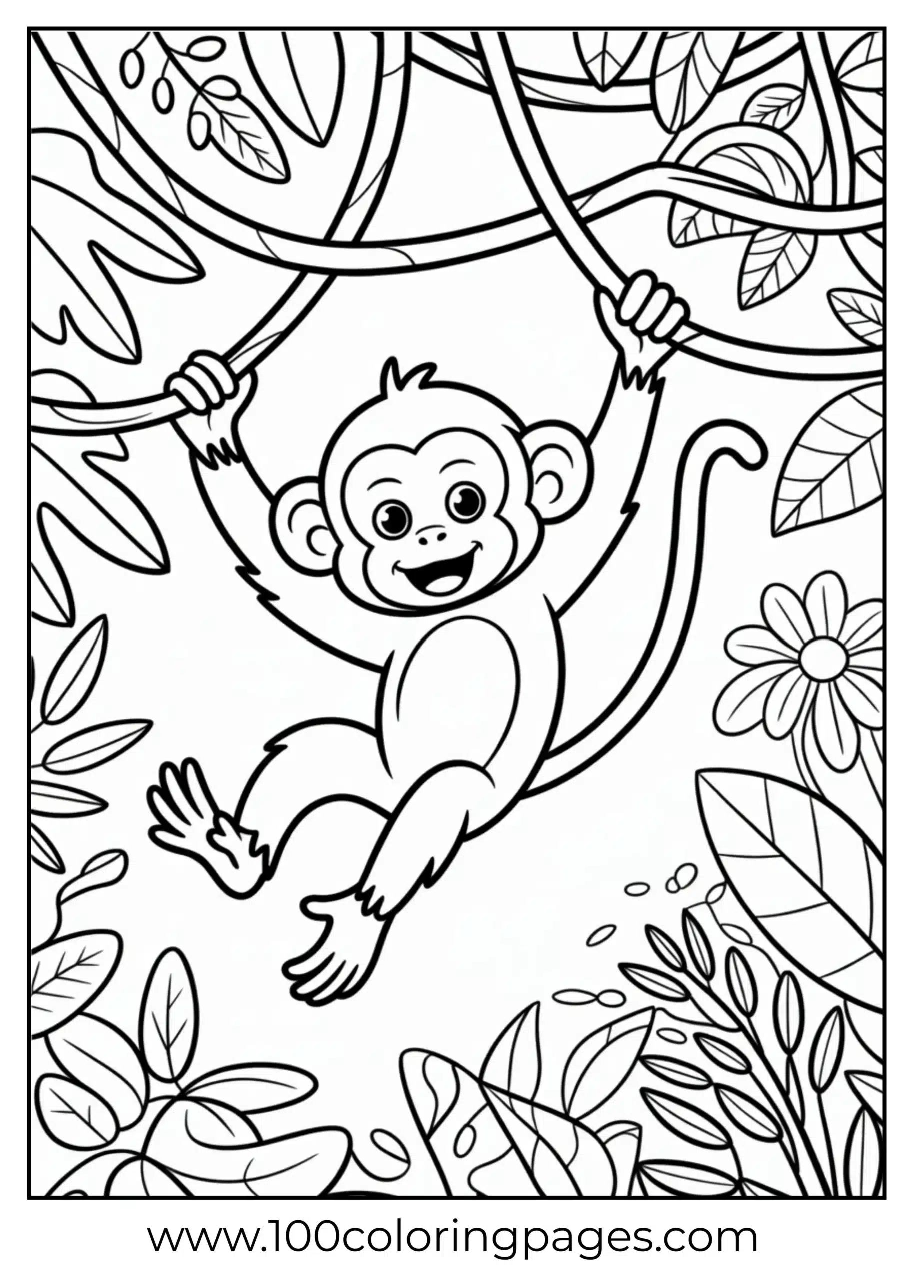 Monkey swinging through vines coloring page