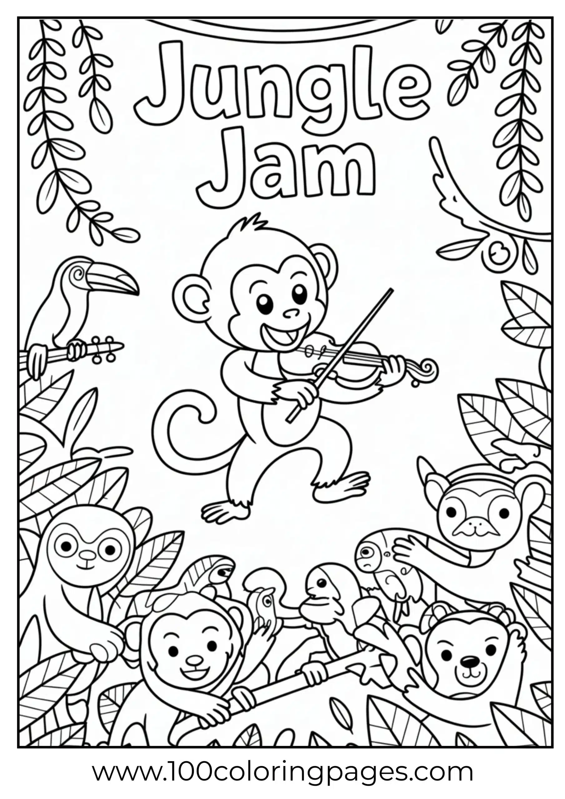 Monkey playing violin in jungle coloring page
