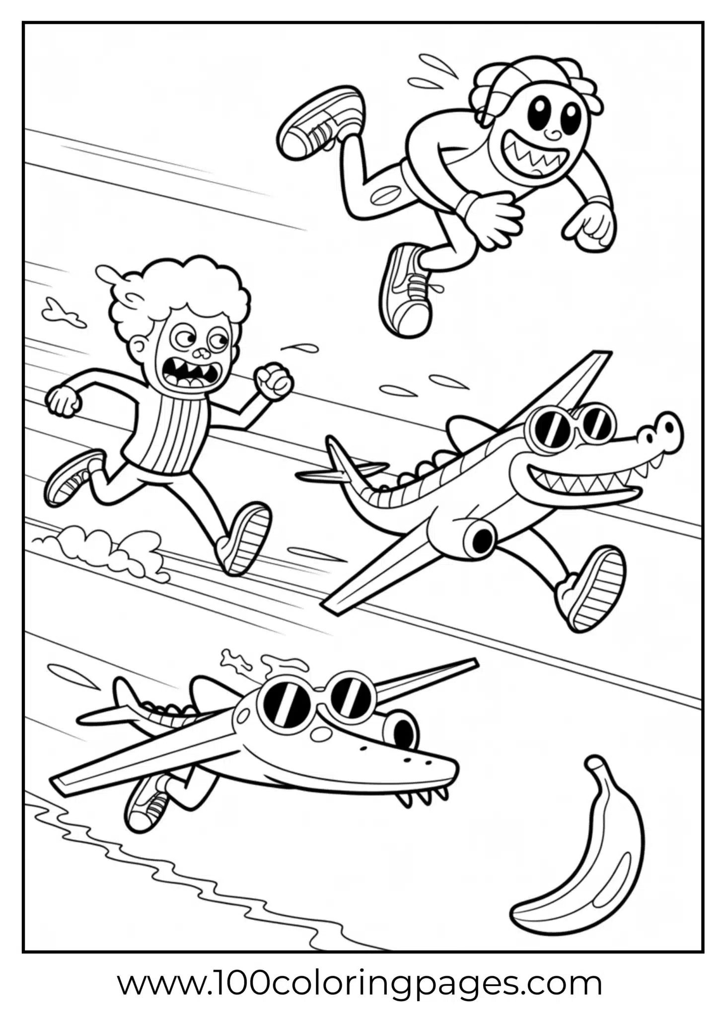 Cartoon race with whimsical characters running and flying