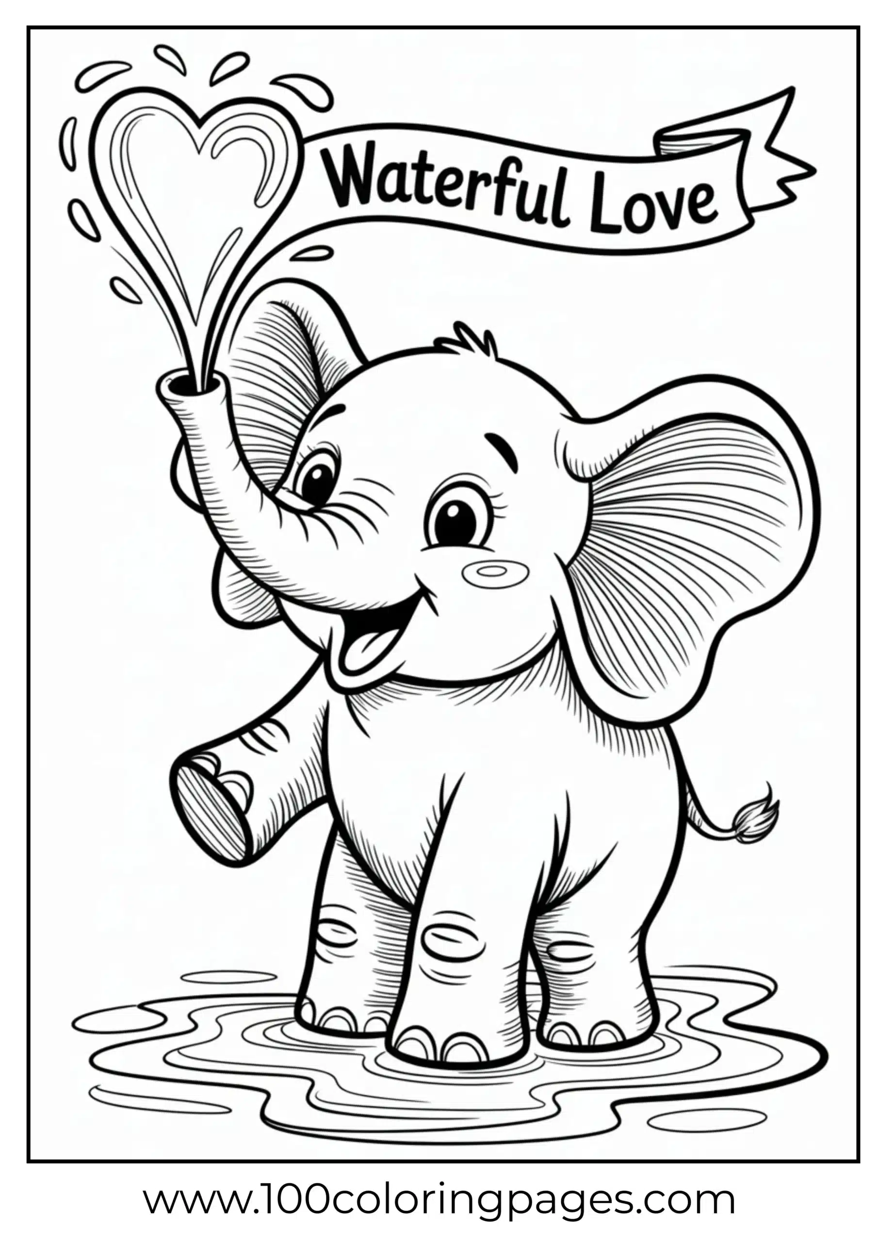 Elephant spraying water heart coloring page
