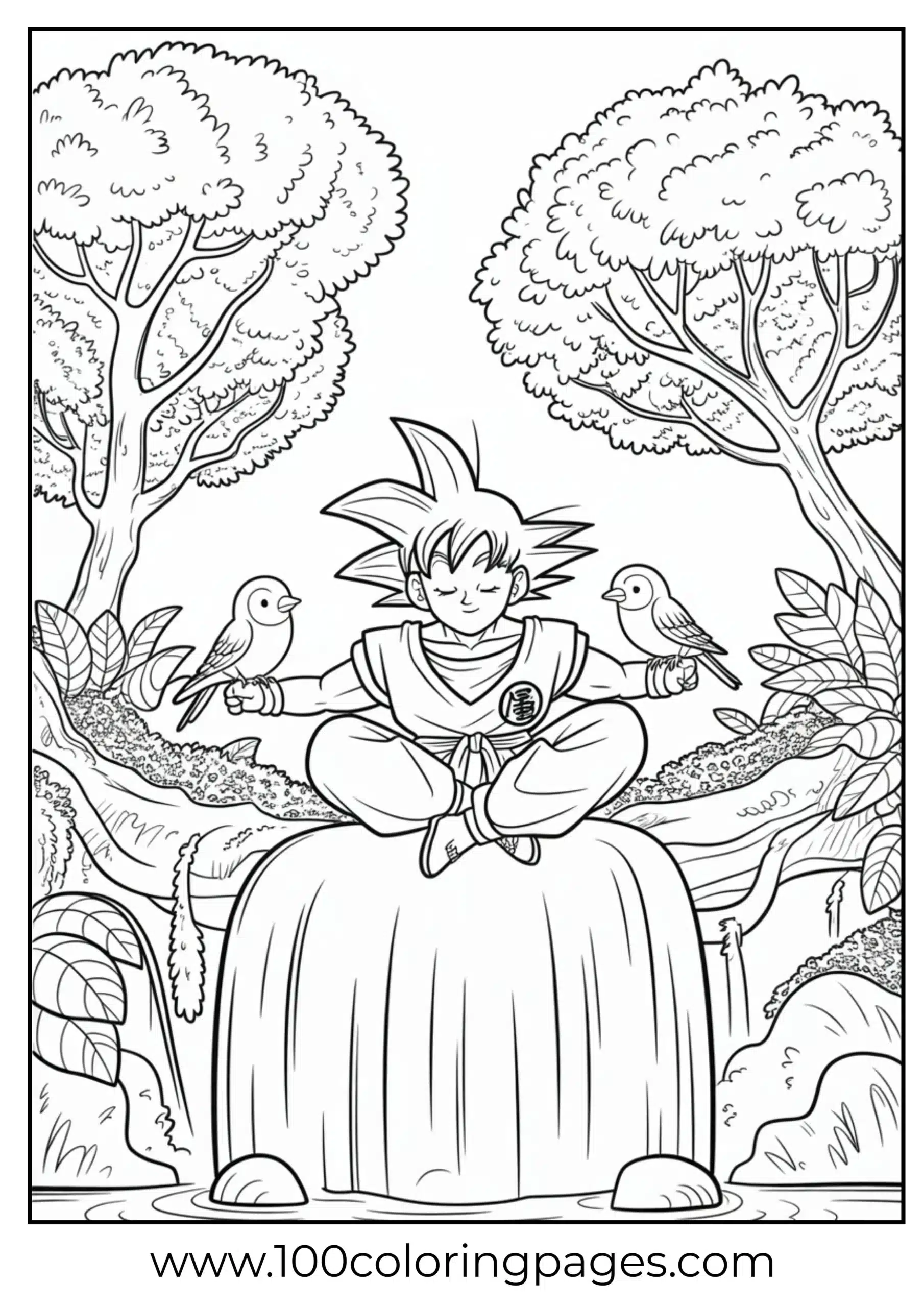 Goku relaxing under waterfall coloring page