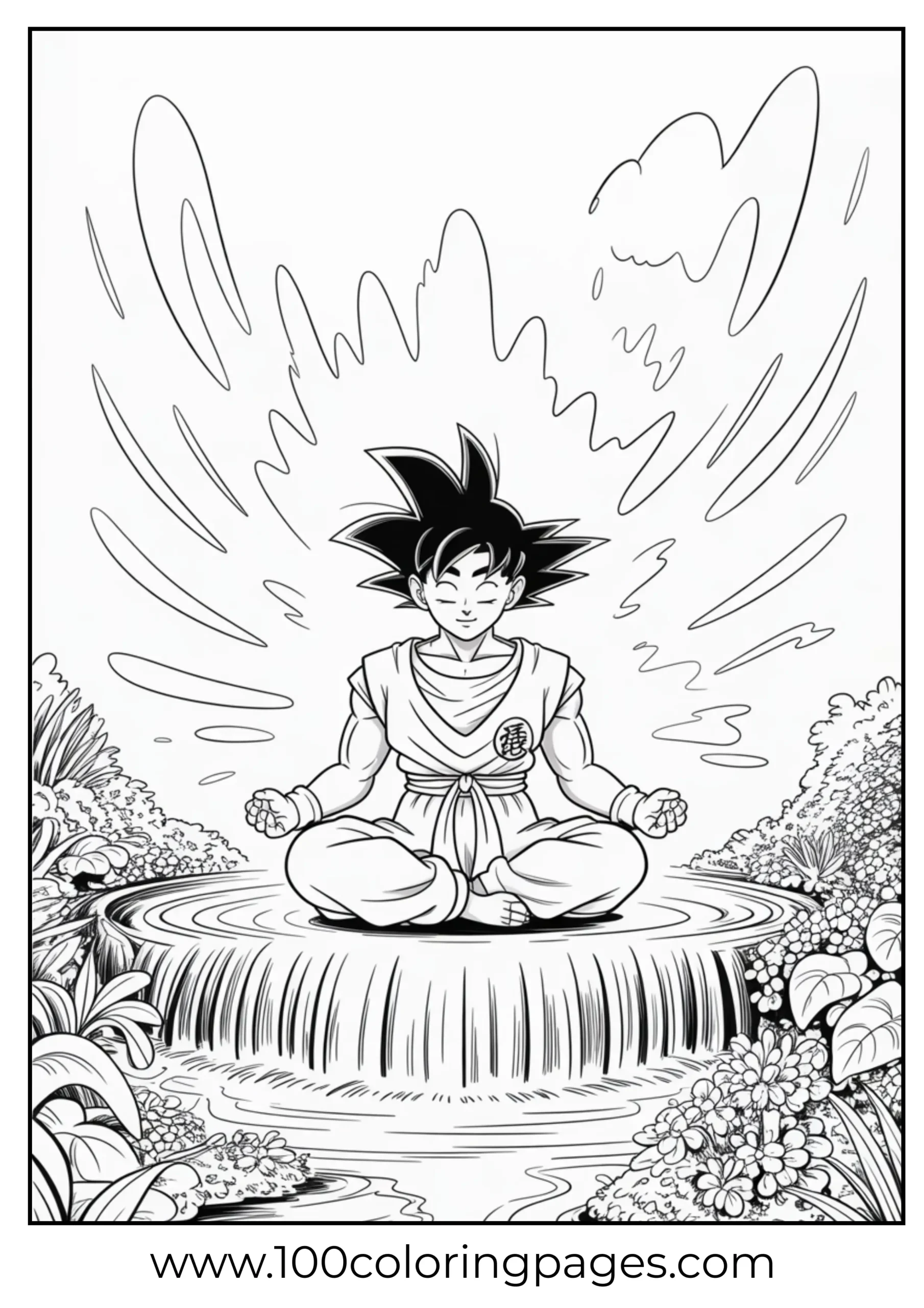 Goku meditating under waterfall coloring page