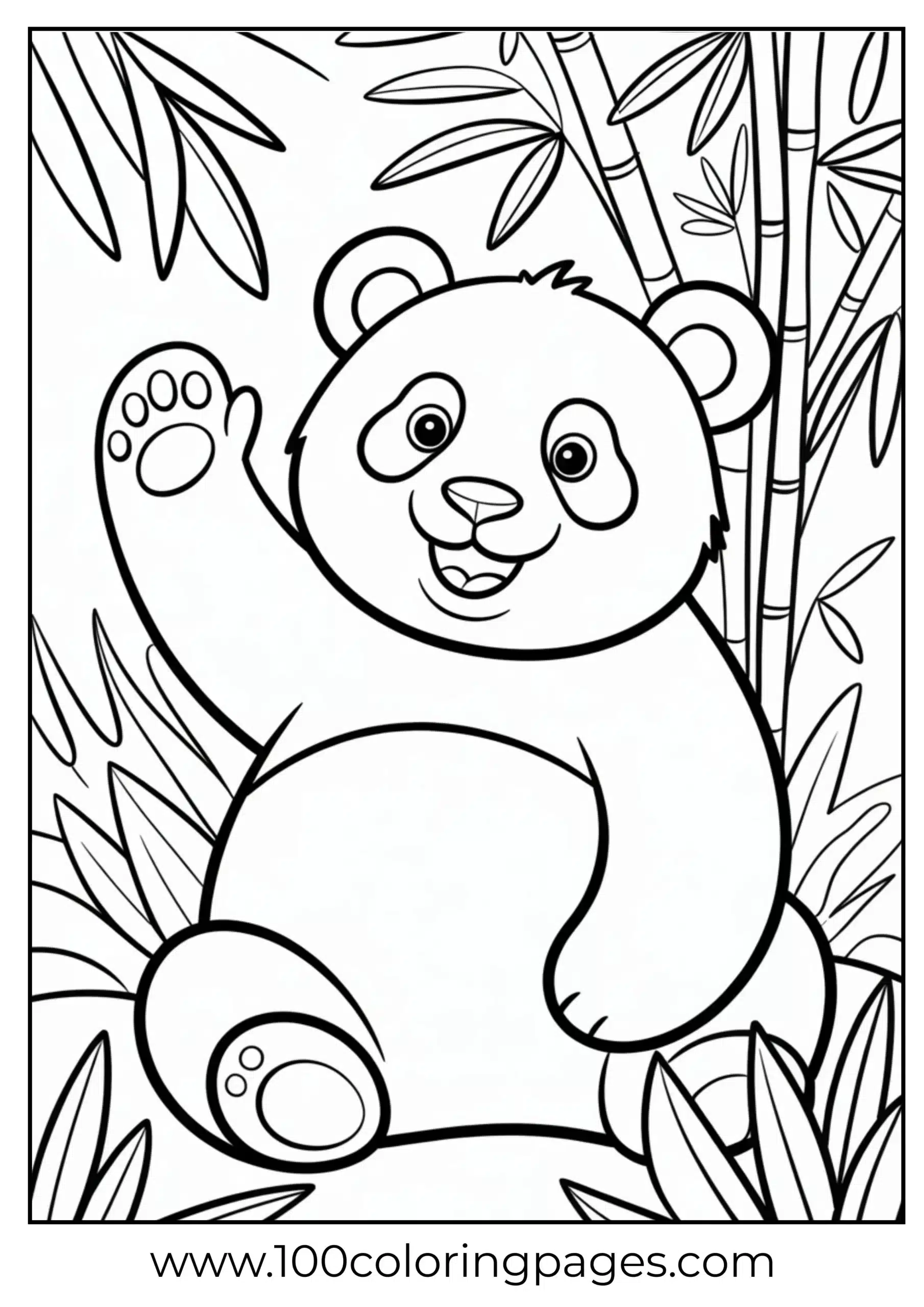 Cute panda waving with bamboo background coloring page