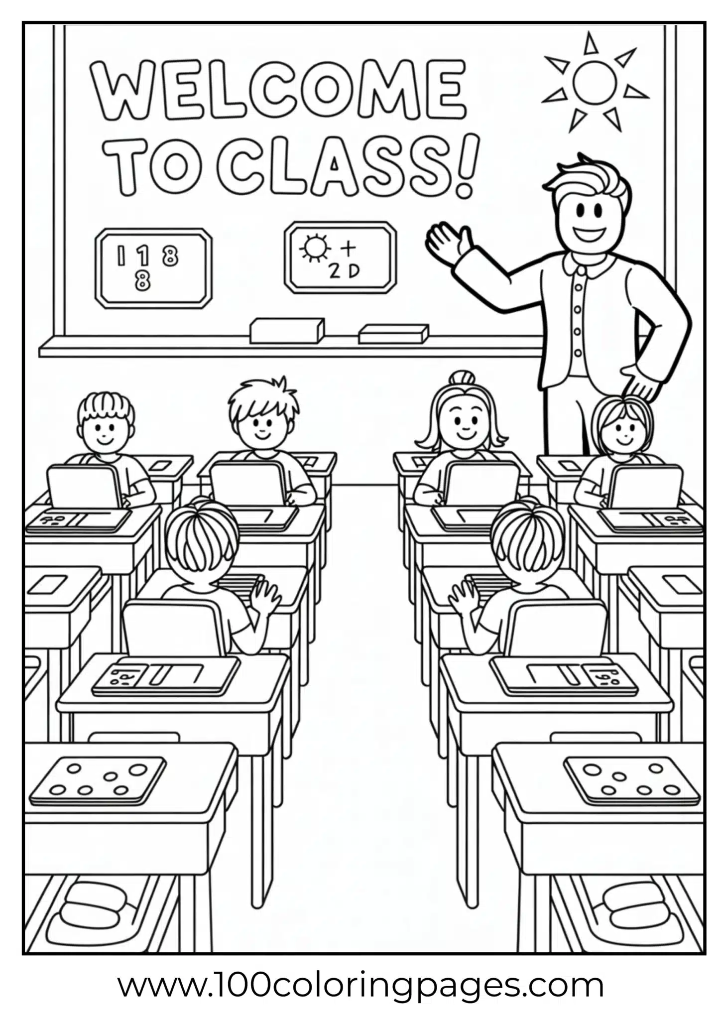 Classroom scene with children and teacher welcoming them