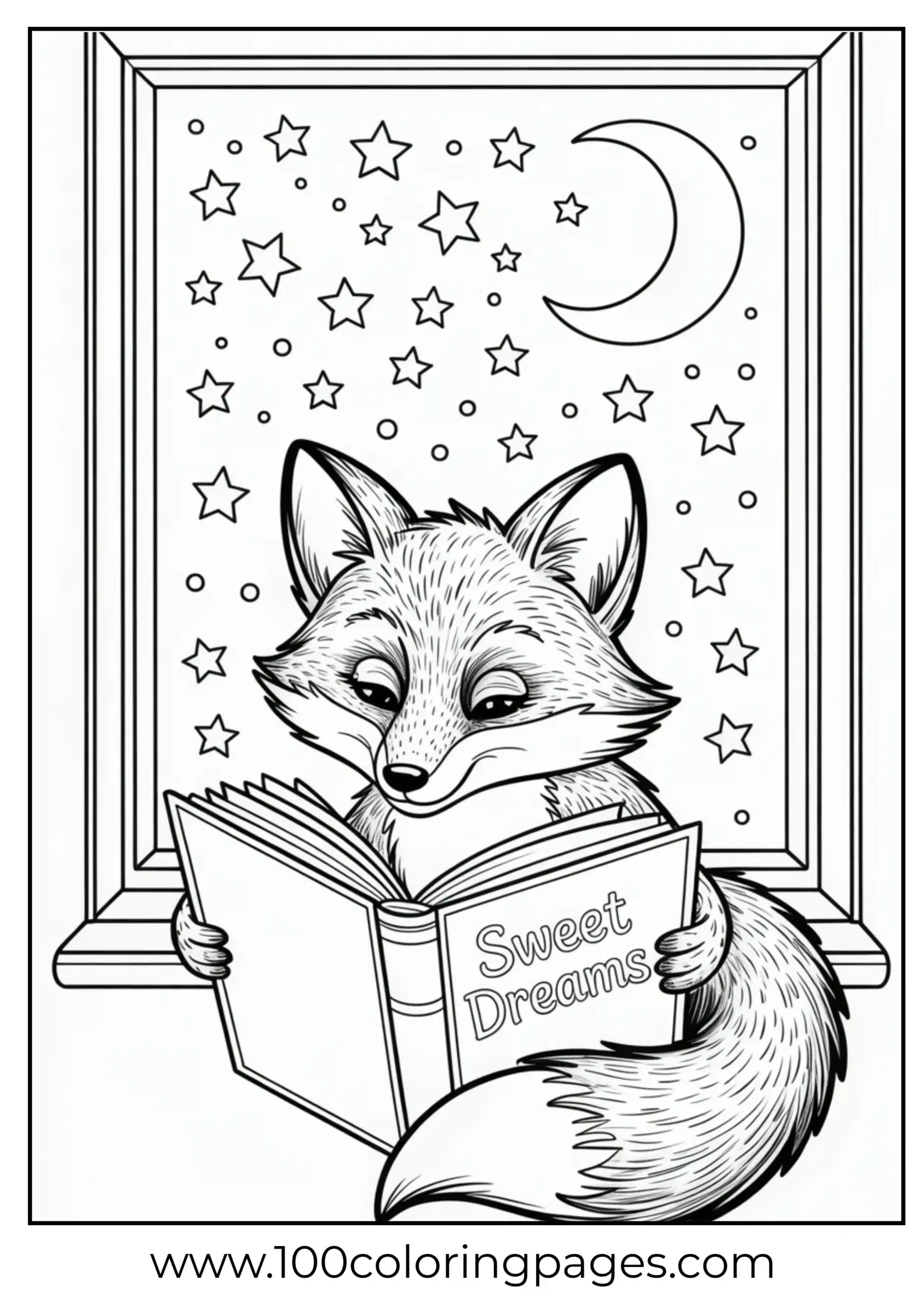 Fox reading beside starry night window