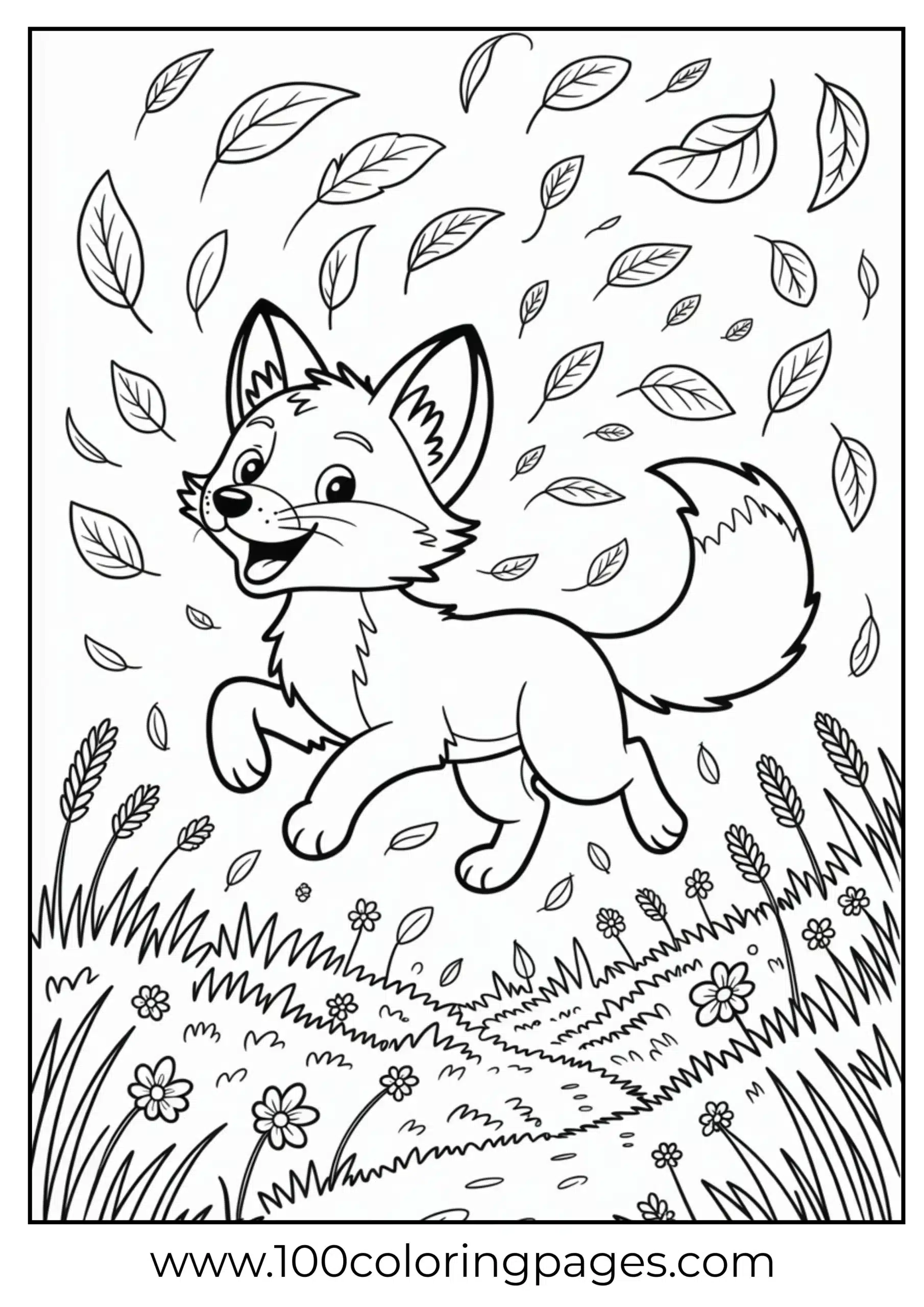 Fox running in breeze with swirling leaves