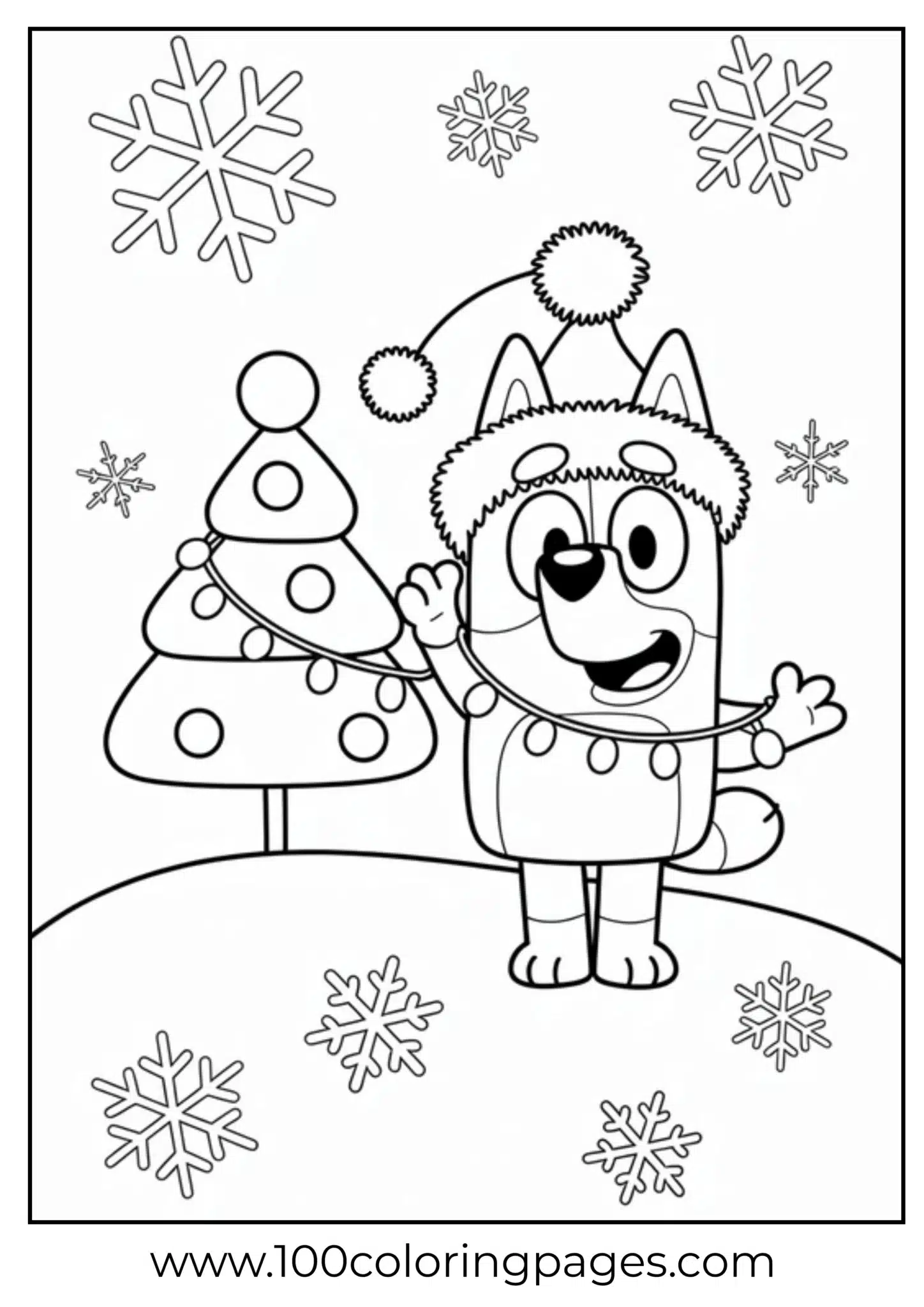 Cartoon dog in winter hat by a Christmas tree