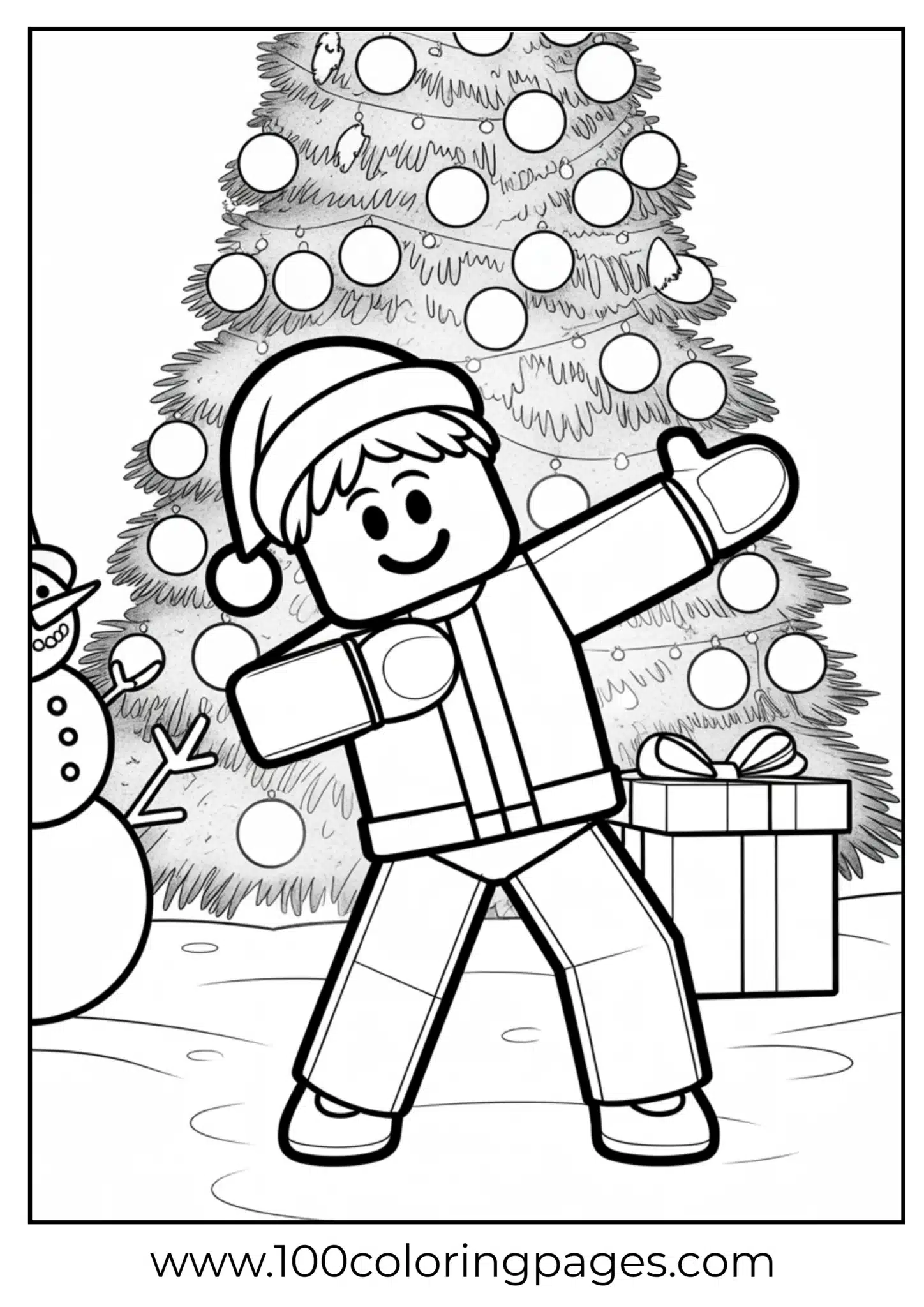 Child and snowman next to a Christmas tree coloring page