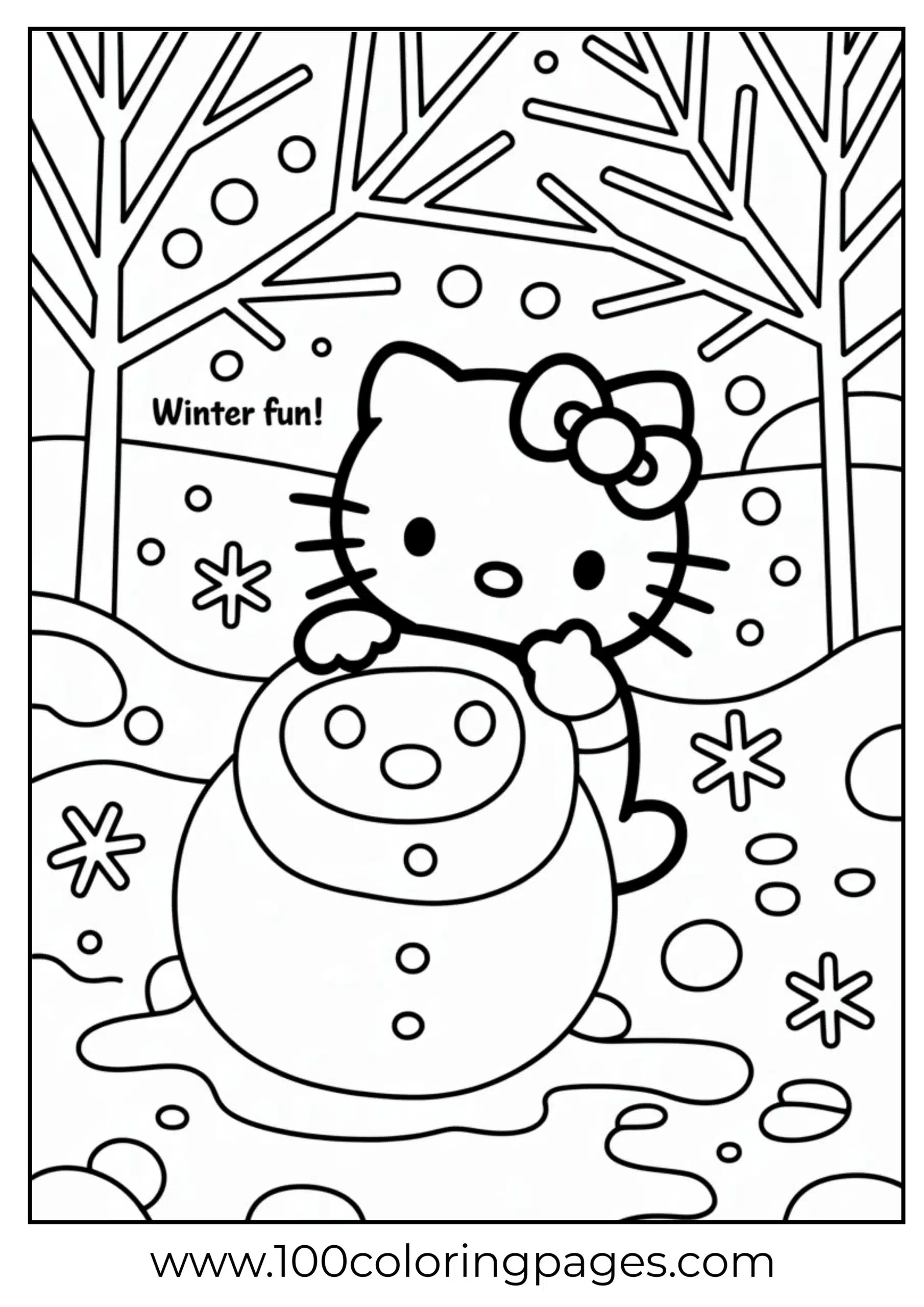 Hello Kitty hiding behind snowman coloring page