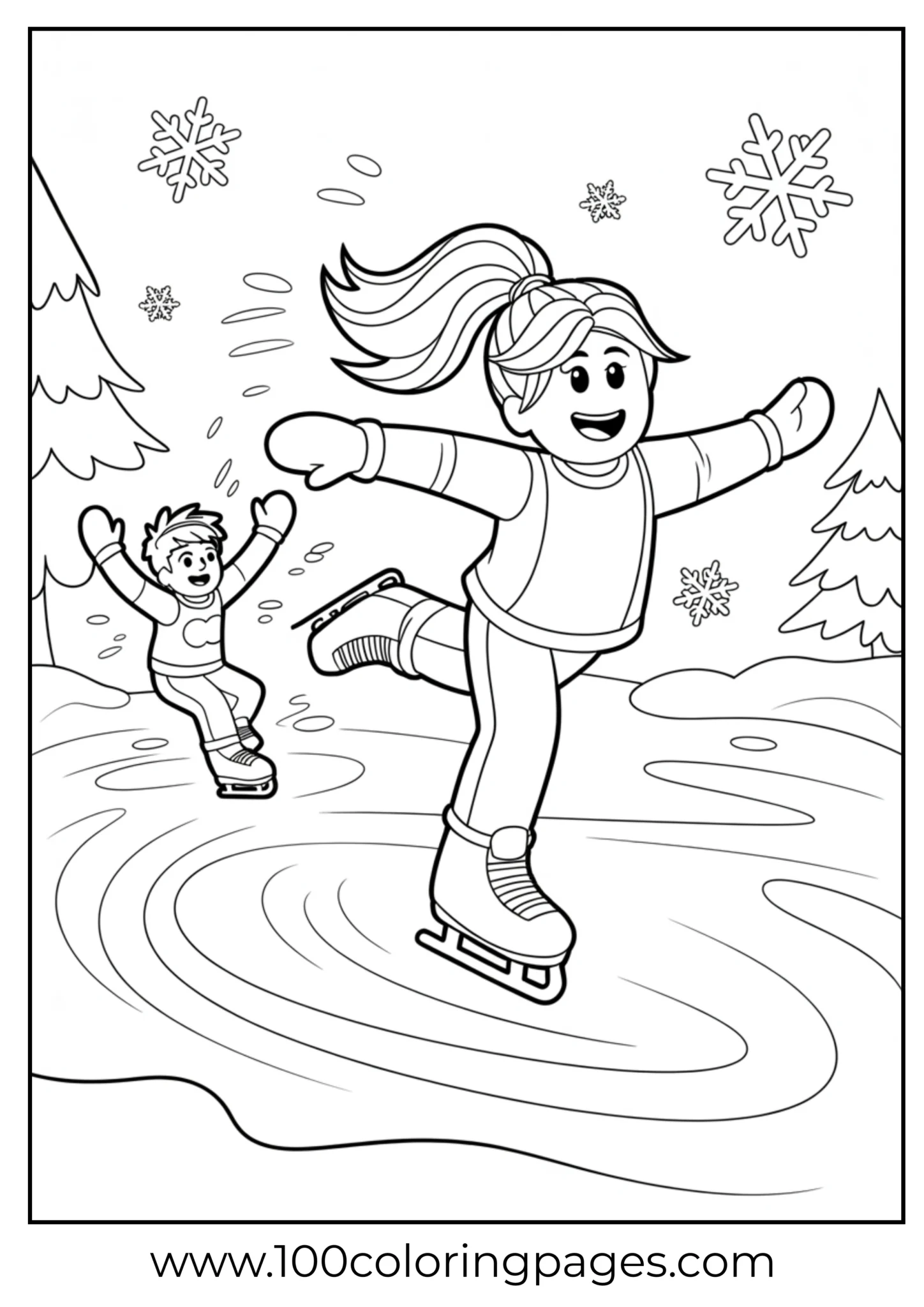 Children ice skating in a scenic winter setting