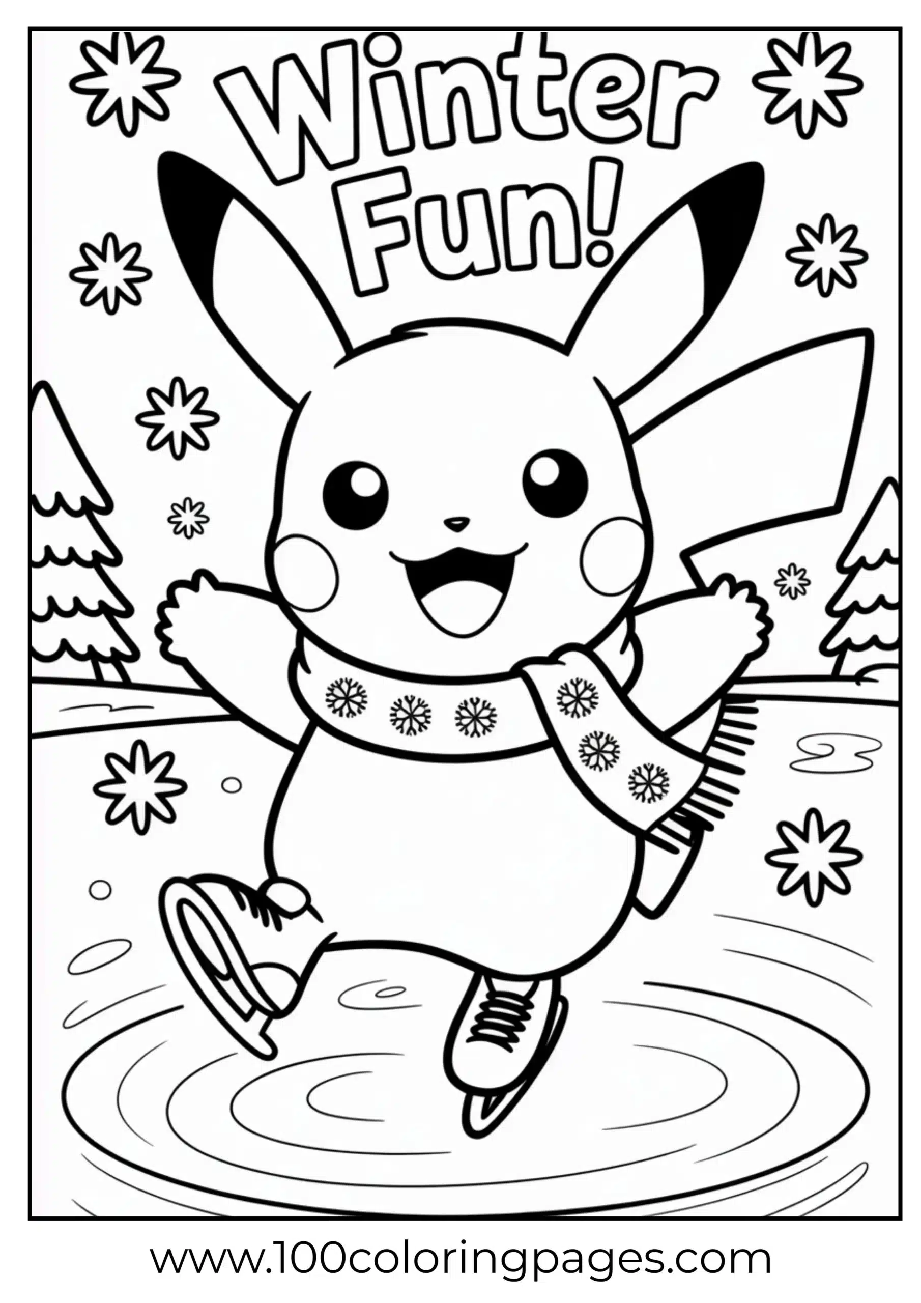 Pikachu ice skating with scarf in snow