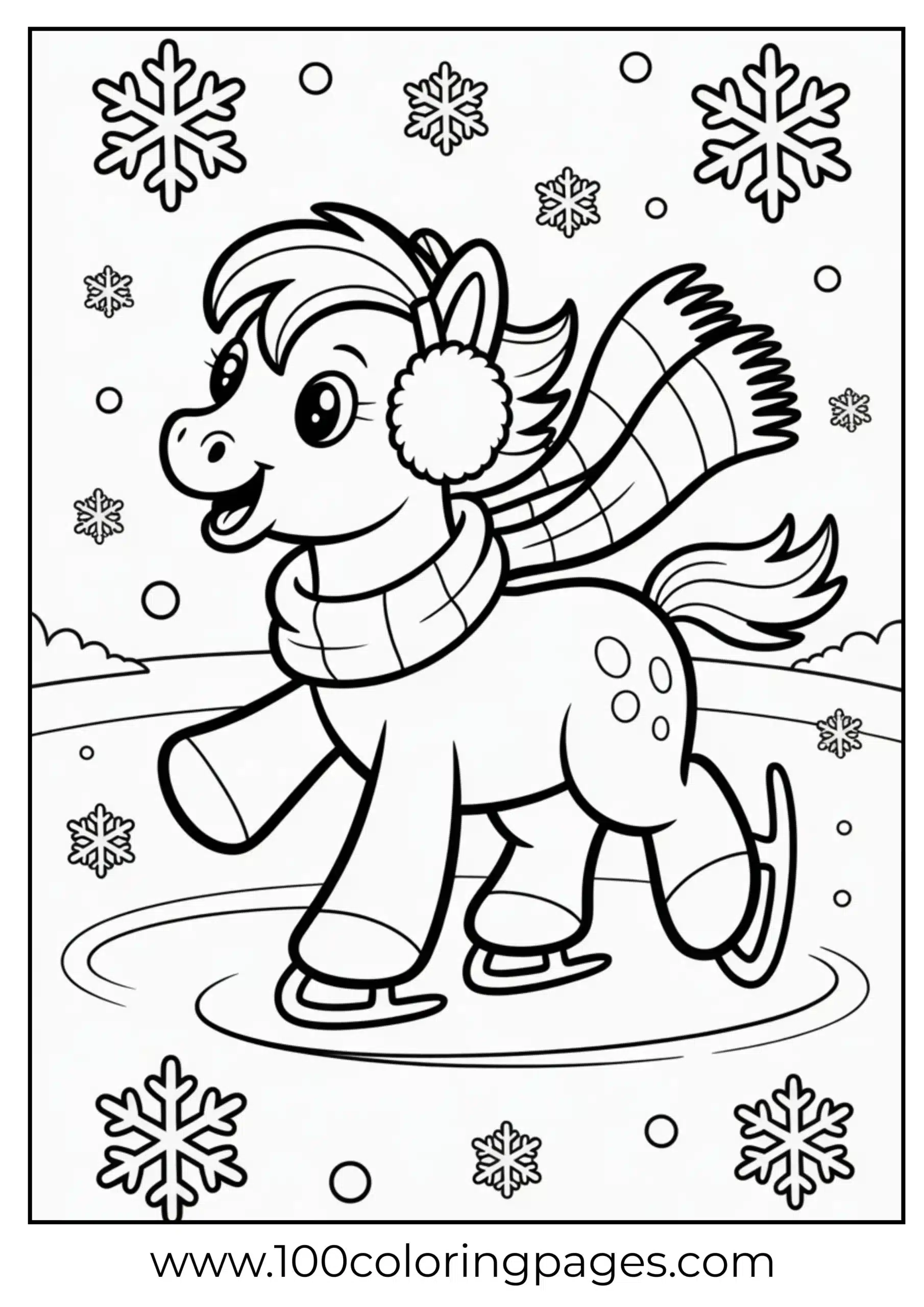 Pony ice skating with scarf in snow
