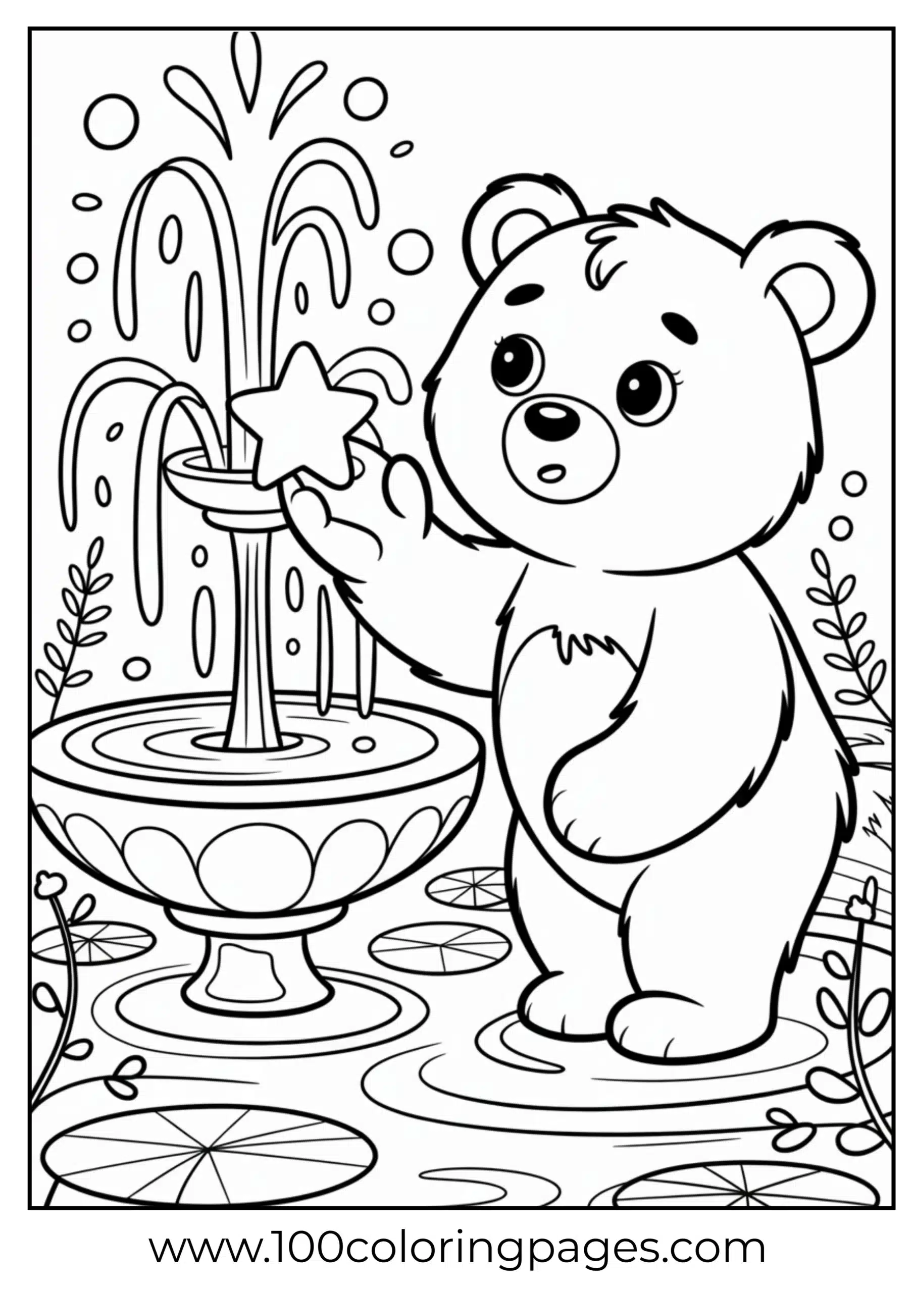 Wish Bear wishing at fountain coloring page