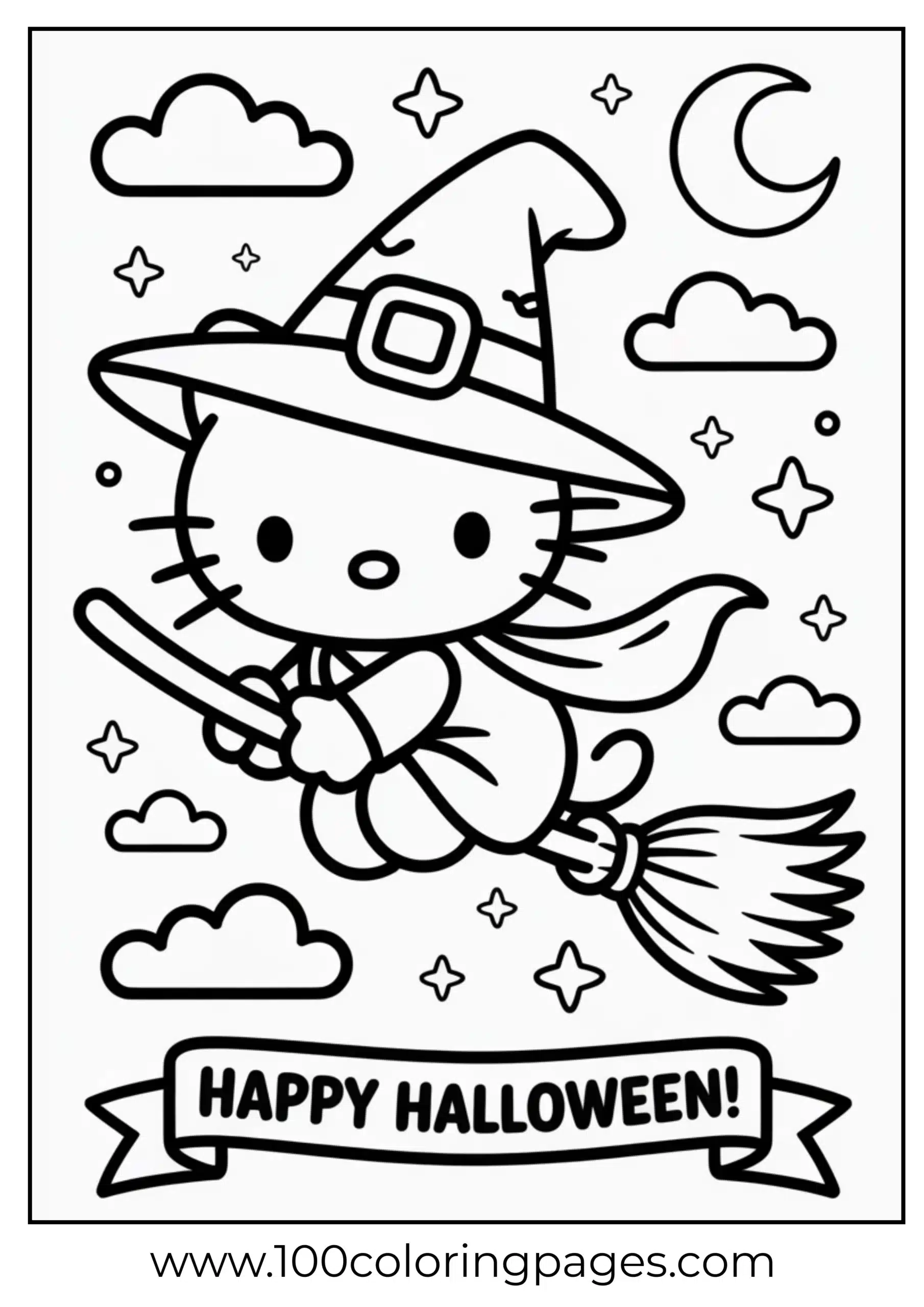 Hello Kitty flying on broom coloring page