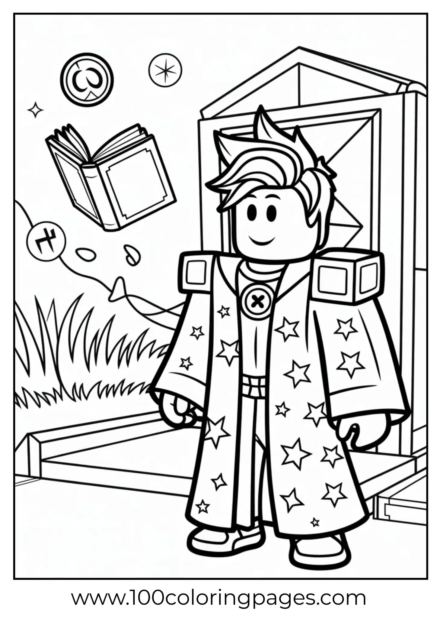 Wizard boy with magical cape and floating books coloring page