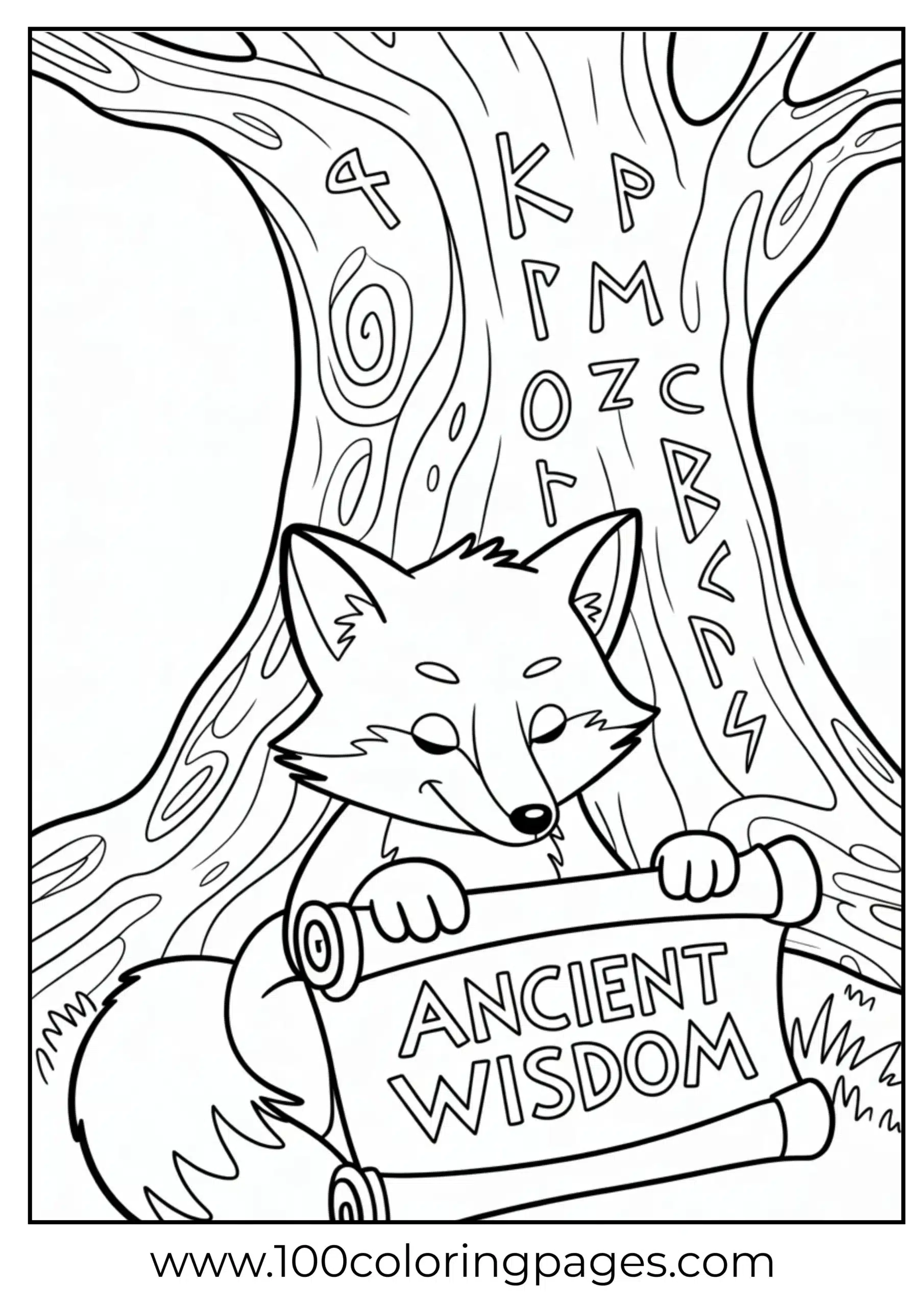 Fox wizard reading scroll under rune tree