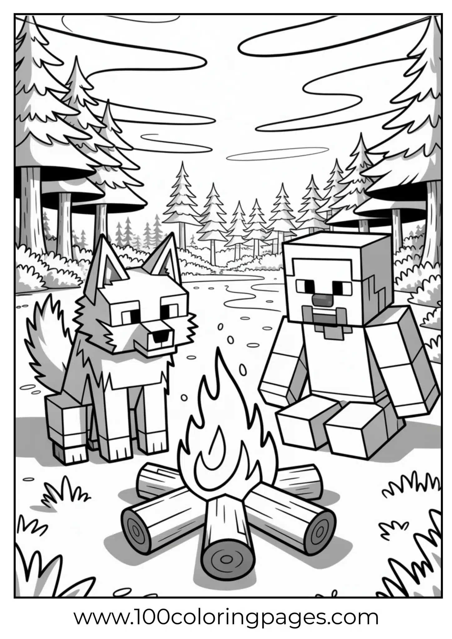 Cartoon wolf and cub by a campfire in a forest