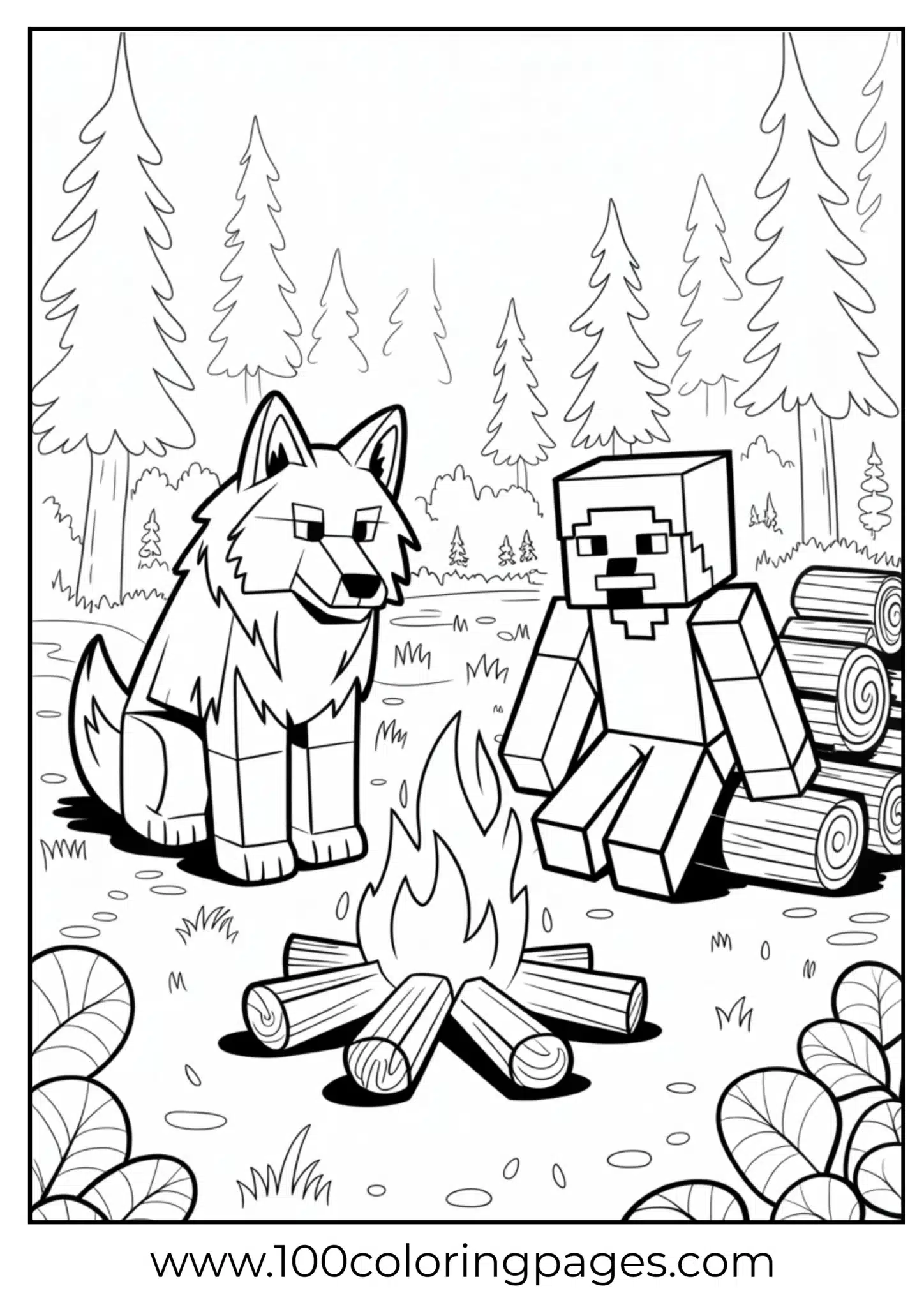 Wolf and pixel-style character sitting by a campfire in a forest