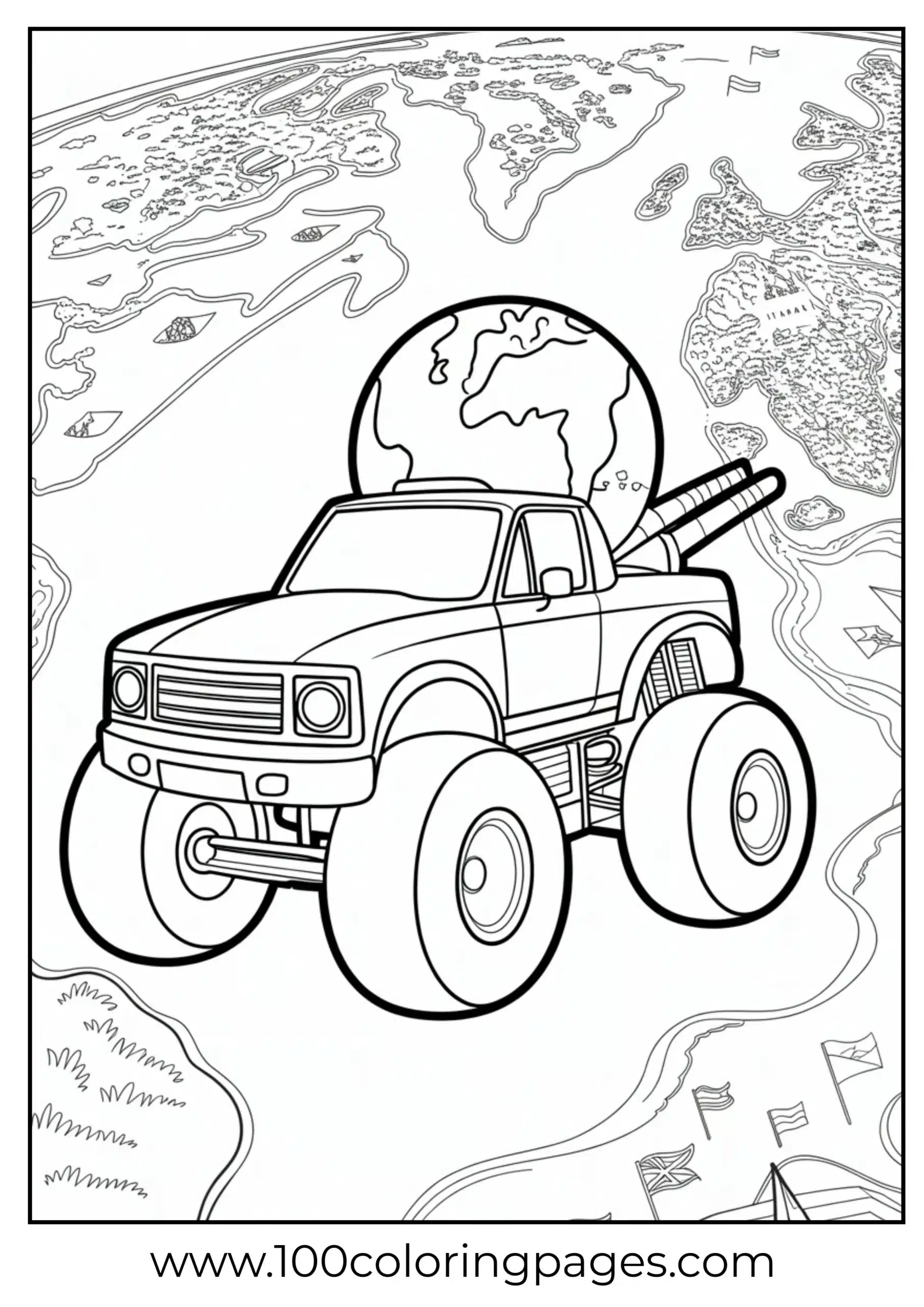 Truck with earth design driving over world map