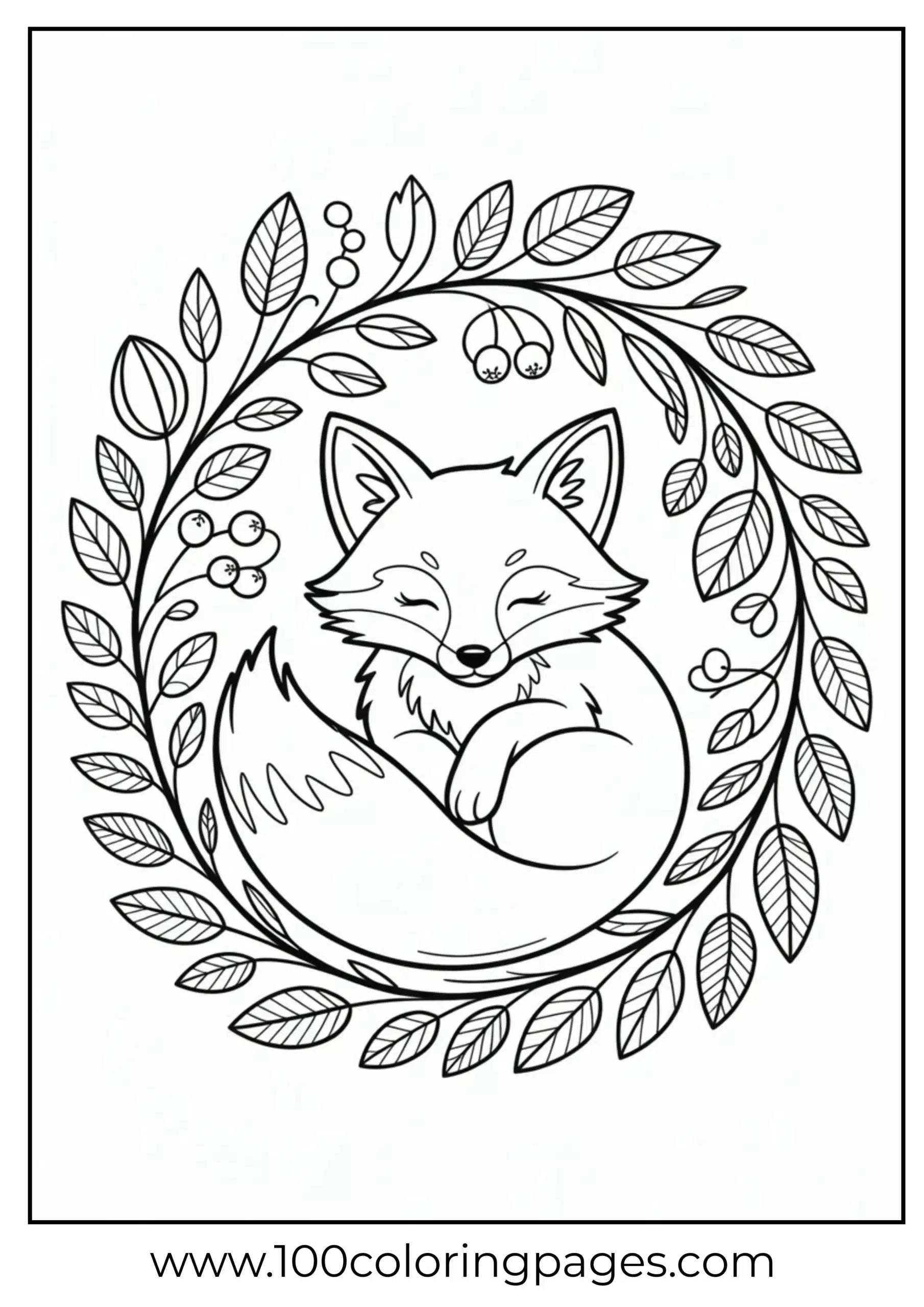 Fox curled in wreath of leaves and berries
