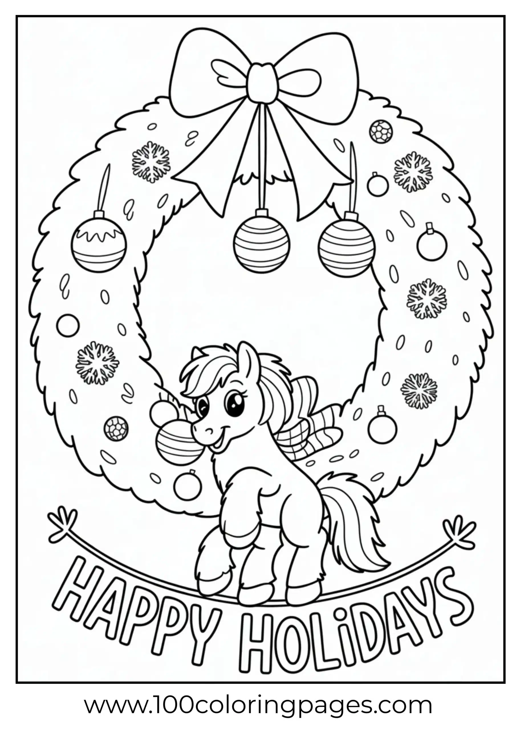 Pony decorating holiday wreath with bow