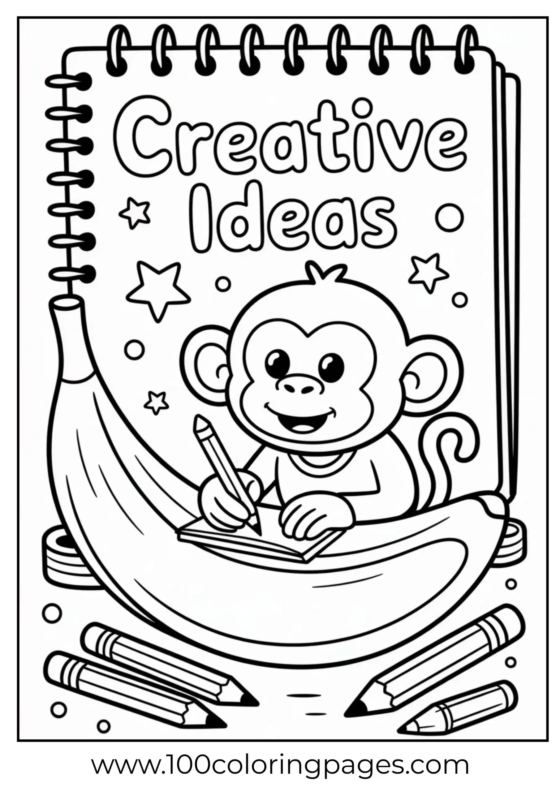 Monkey writing with pencil on banana paper coloring page